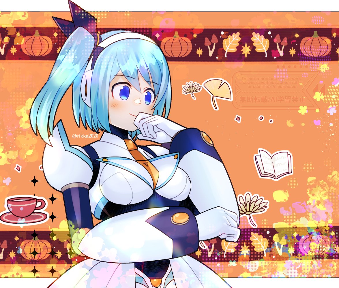 rikka (user hruv2435), rico (mega man), mega man (series), mega man x (series), mega man x dive, 1girl, android, aqua hair, autumn, blue eyes, closed mouth, cup, headphones, looking to the side, plate, pumpkin, short hair, side ponytail, smile, solo, teacup, twitter username, upper body
