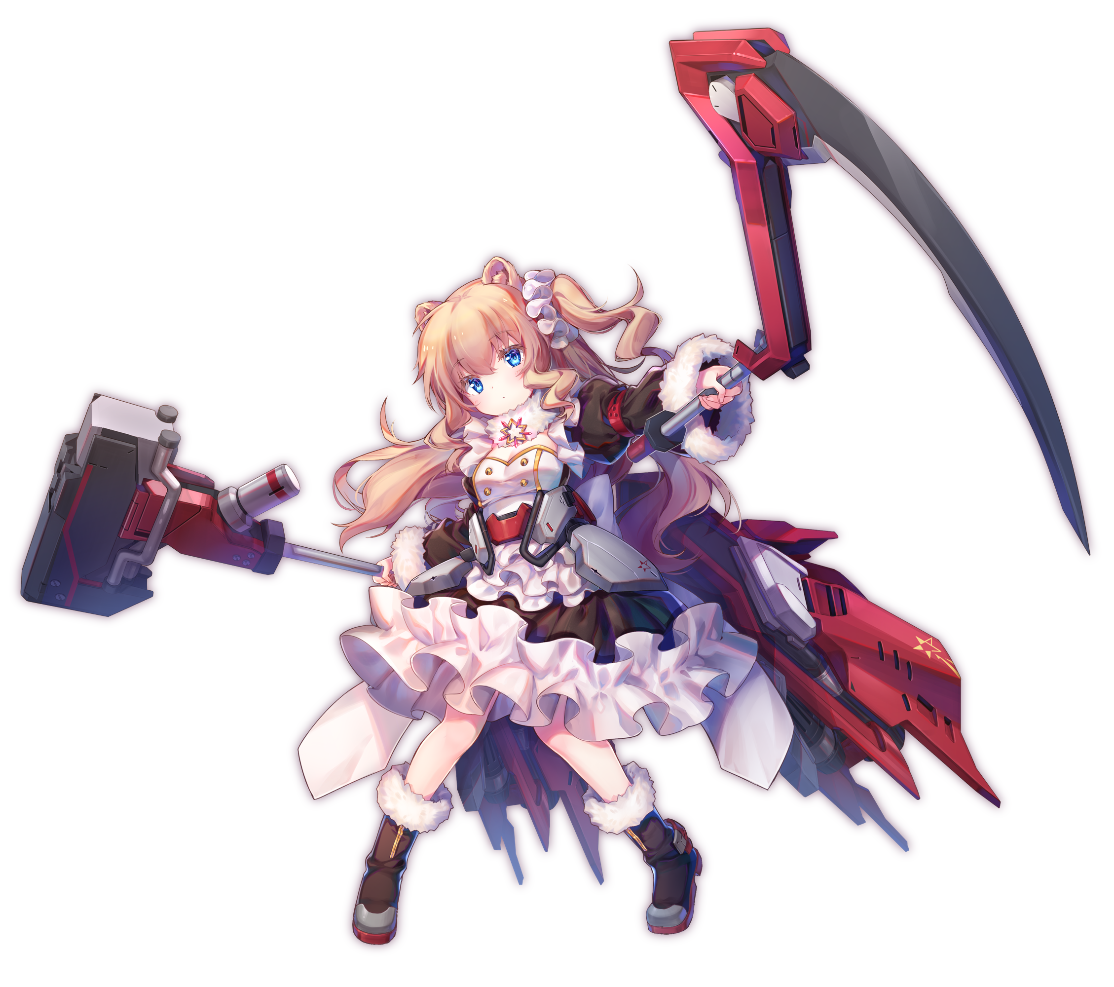 shenbei xiaoqiu, artery gear, artery gear: fusion, character request, commentary request, highres, official art, 1girl, animal ear fluff, animal ears, black boots, black dress, blue eyes, blush, boots, breasts, brown hair, cleavage, closed mouth, dress, frilled dress, frills, full body, fur-trimmed boots, fur-trimmed sleeves, fur trim, hair between eyes, holding, holding weapon, juliet sleeves, long hair, long sleeves, looking at viewer, medium breasts, one side up, puffy sleeves, simple background, solo, standing, very long hair, weapon, white background