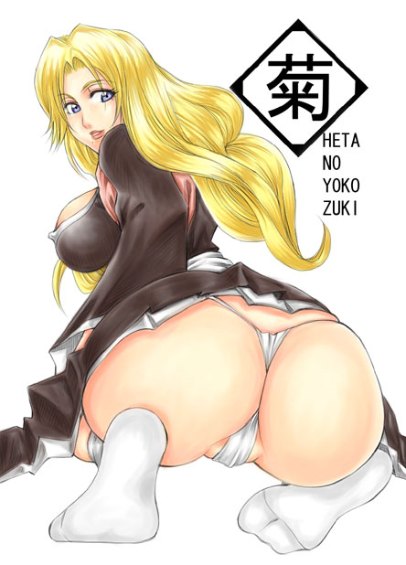 dunga, matsumoto rangiku, bleach, 00s, 1girl, all fours, ass, blonde hair, blue eyes, breasts, feet, female focus, huge ass, large breasts, long hair, looking back, mole, mole under mouth, panties, sideboob, socks, solo, tabi, thong, underwear, white panties