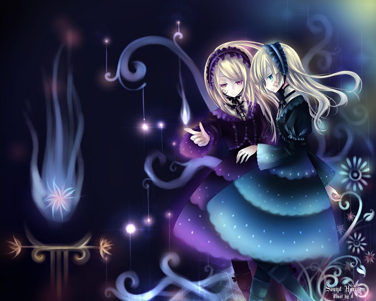 hortense (sound horizon), violette (sound horizon), roman (sound horizon), sound horizon, black legwear, blue footwear, purple footwear, 2girls, black ribbon, blonde hair, blue dress, blue fire, boots, closed mouth, copyright name, cowboy shot, crescent, dress, expressionless, facepaint, fire, frills, hairband, juliet sleeves, knee boots, layered dress, lolita hairband, long hair, long sleeves, looking at viewer, multiple girls, pantyhose, puffy sleeves, purple dress, ribbon, sparkle, standing, swept bangs