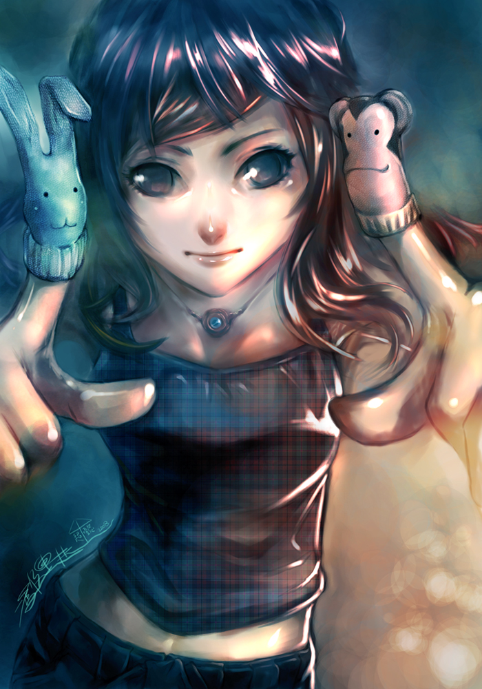 santa fung, plaid, 1girl, brown hair, female focus, finger puppet, jewelry, midriff, monkey, necklace, puppet, rabbit, smile, solo