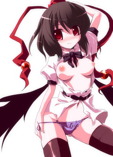 miuku (marine sapphire), shameimaru aya, touhou, lowres, 1girl, black hair, black wings, blush, bow, bow panties, breasts, breasts apart, female focus, hat, lingerie, looking at viewer, lowleg, lowleg panties, nipples, nude, panties, purple panties, ribbon, short hair, smile, socks, solo, underwear, wings
