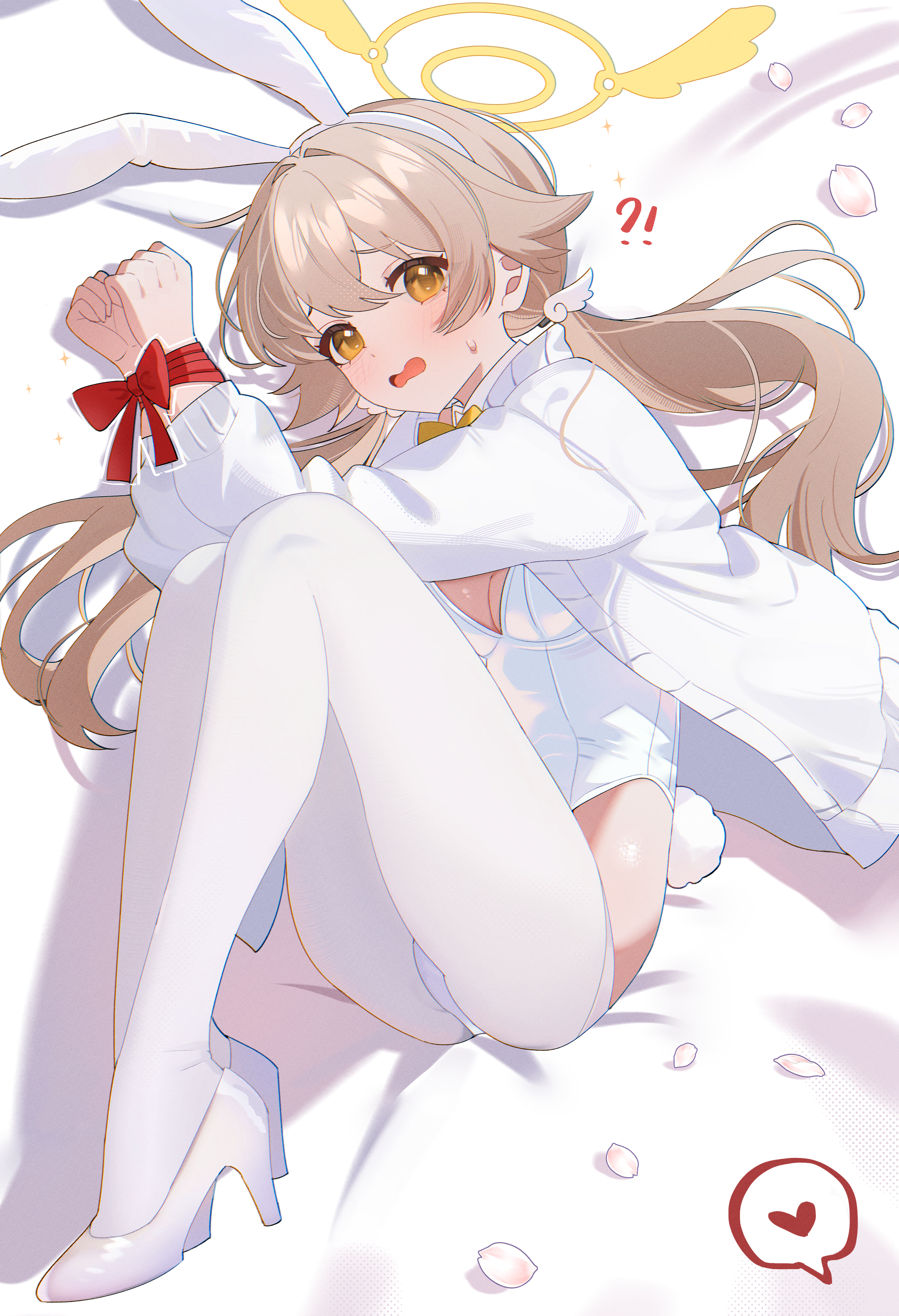 shusuchii, hifumi (blue archive), blue archive, absurdres, commentary, highres, symbol-only commentary, !?, 1girl, alternate costume, animal ears, bound, bound wrists, fake animal ears, halo, high heels, leotard, long hair, pantyhose, playboy bunny, rabbit ears, solo, tail, twintails, white leotard, white pantyhose, yellow eyes, yellow halo