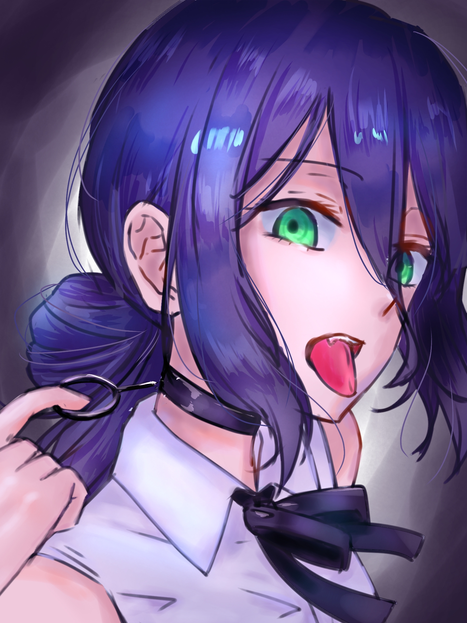 reze (chainsaw man), chainsaw man, highres, 1girl, black choker, black ribbon, choker, collared shirt, green eyes, grenade pin, grey background, hair between eyes, hair bun, o2mwnb9, open mouth, purple hair, ribbon, shirt, solo, teeth, tongue, tongue out, upper teeth only, white shirt, wide-eyed