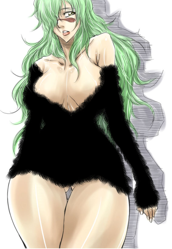 dunga, nelliel tu odelschwanck, bleach, 00s, 1girl, arrancar, breasts, coat, curvy, facial mark, female focus, fur coat, green hair, hair over one eye, hip focus, hollow (bleach), large breasts, long hair, number tattoo, solo, tattoo, wide hips, yellow eyes