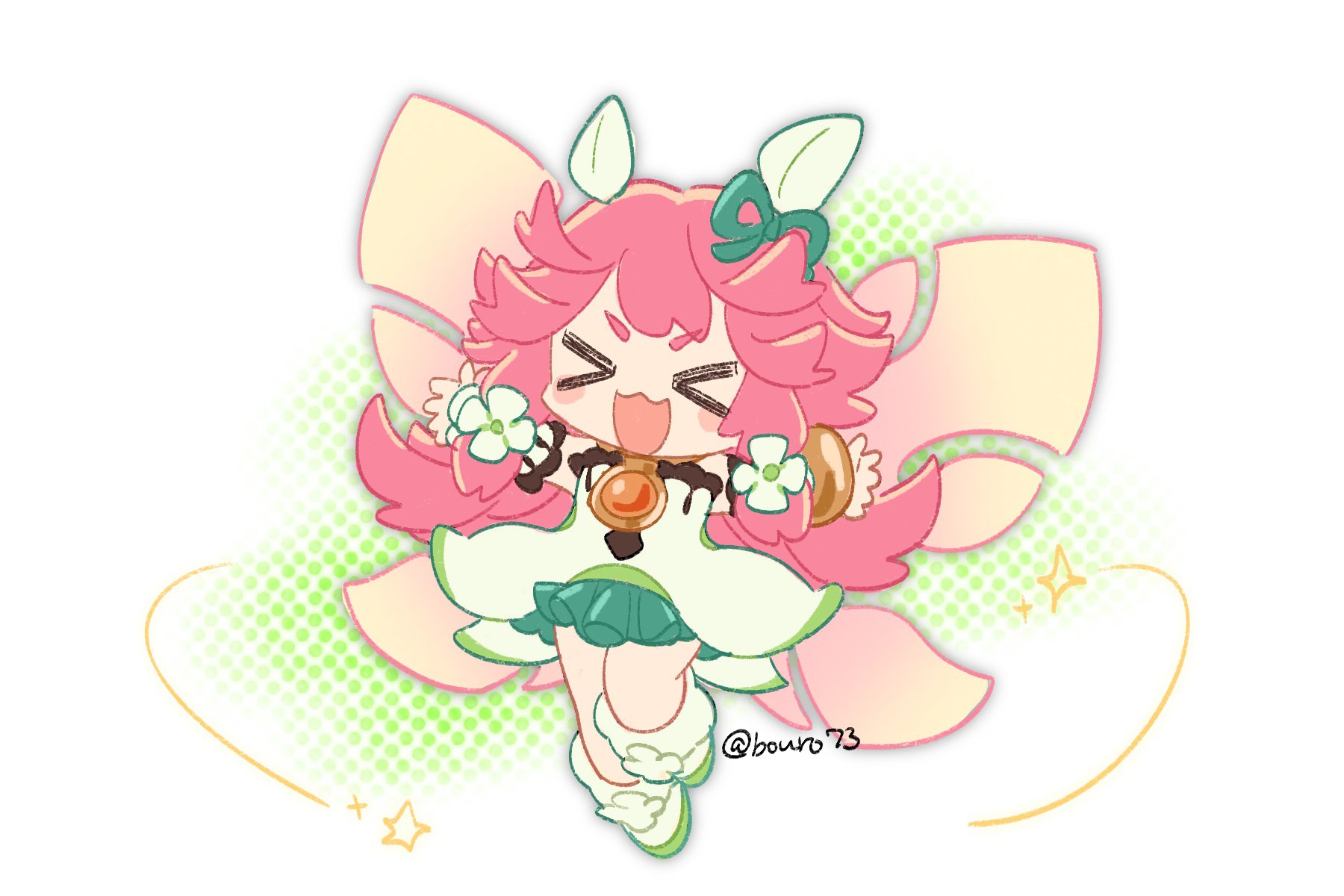 bouro73, notte (dragalia lost), dragalia lost, highres, > <, 1girl, :d, chibi, chibi only, closed eyes, detached sleeves, dress, facing viewer, fairy, fairy wings, green dress, long hair, open mouth, pink hair, simple background, smile, solo, twitter username, very long hair, wings, xd