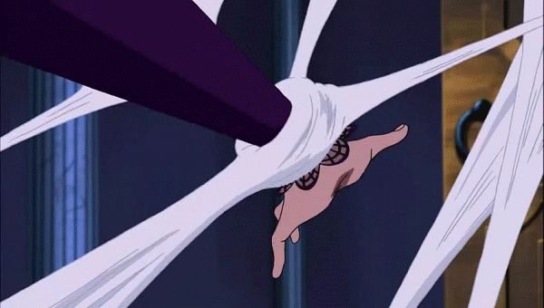 nico robin, nico robin (thriller bark), one piece, animated, animated gif, anime screenshot, non-web source, 1girl, bdsm, bondage, bouncing breasts, bound, breasts, female focus, fishnet thighhighs, fishnets, garter belt, lace, silk, solo, spider web, thighhighs, thriller bark