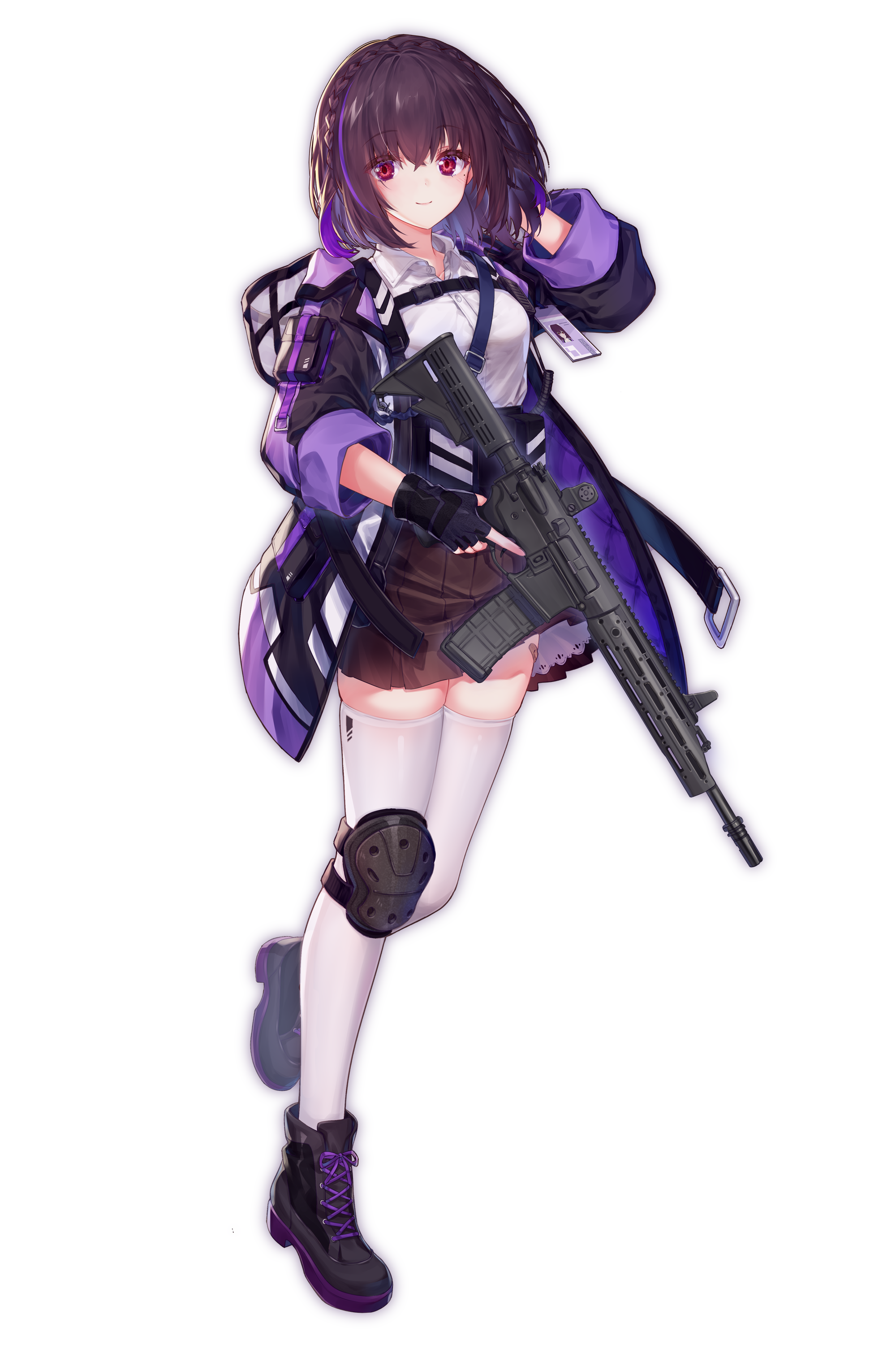 shenbei xiaoqiu, absurdres, commentary request, copyright request, highres, official art, weapon request, 1girl, arm behind head, black hair, black jacket, black shoes, black skirt, blush, braid, closed mouth, collared shirt, crown braid, full body, gun, hair between eyes, hand up, holding, holding gun, holding weapon, jacket, knee pads, lanyard, long sleeves, looking at viewer, multicolored hair, open clothes, open jacket, pleated skirt, purple hair, red eyes, shirt, shoes, simple background, single knee pad, skirt, smile, solo, standing, standing on one leg, streaked hair, thighhighs, weapon, white background, white shirt, white thighhighs