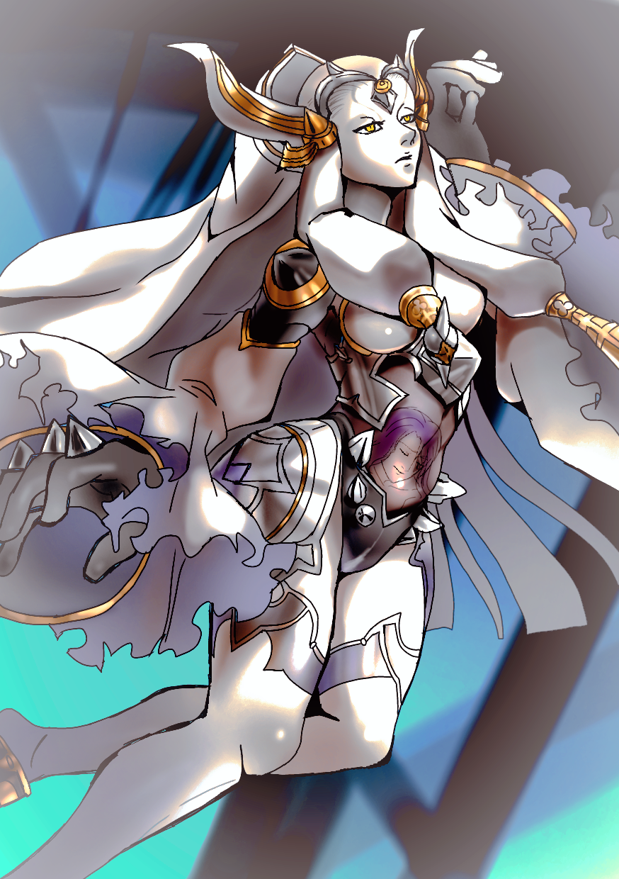 tmmg2888, mirror plate fiend (grimms notes), oscar wilde (grimms notes), grimms notes, highres, 1girl, detached sleeves, giant, giantess, grey hair, hand up, horns, long hair, monster girl, parted lips, purple hair, very long hair, yellow eyes