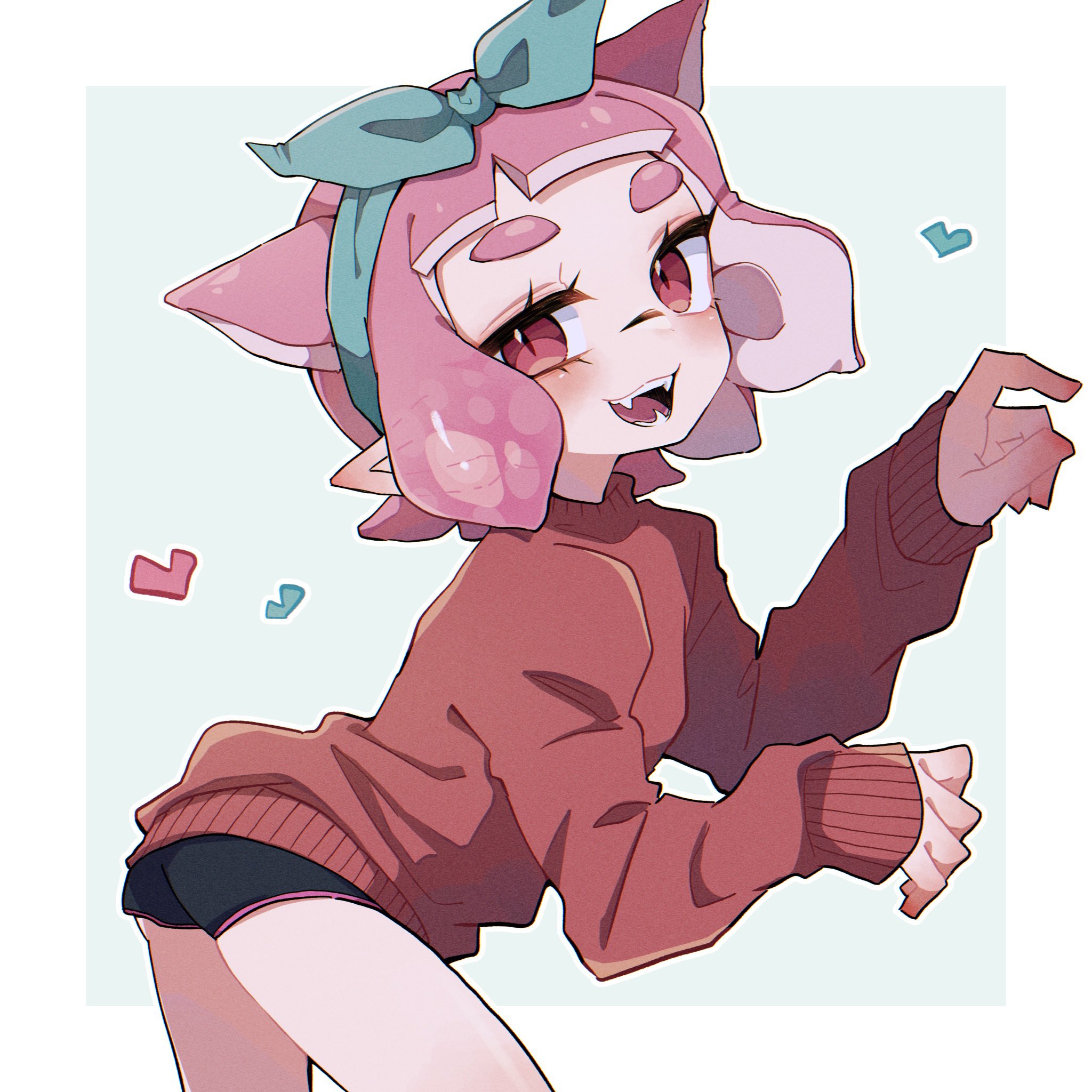 aheruk, inkling girl, inkling player character, nintendo, splatoon (series), splatoon 3, commentary, hashtag-only commentary, highres, 1girl, animal ears, aqua bow, aqua hairband, ass, black shorts, border, bow, bow hairband, cat ears, dolphin shorts, eyelashes, hairband, inkling, leaning forward, looking at viewer, medium hair, open mouth, outside border, pink hair, pointy ears, red eyes, red sweater, short eyebrows, shorts, sleeves past wrists, smile, solo, sweater, tentacle hair, thick eyebrows, white border