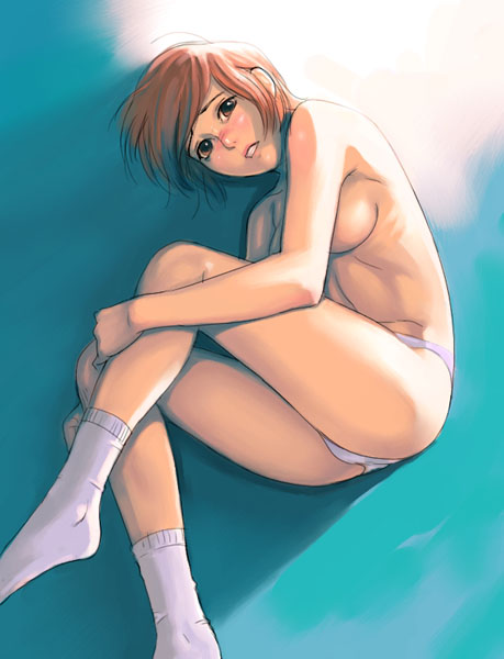 1girl, ass, blush, breasts, brown eyes, brown hair, female focus, lying, panties, short hair, socks, solo, topless female, underwear, white panties