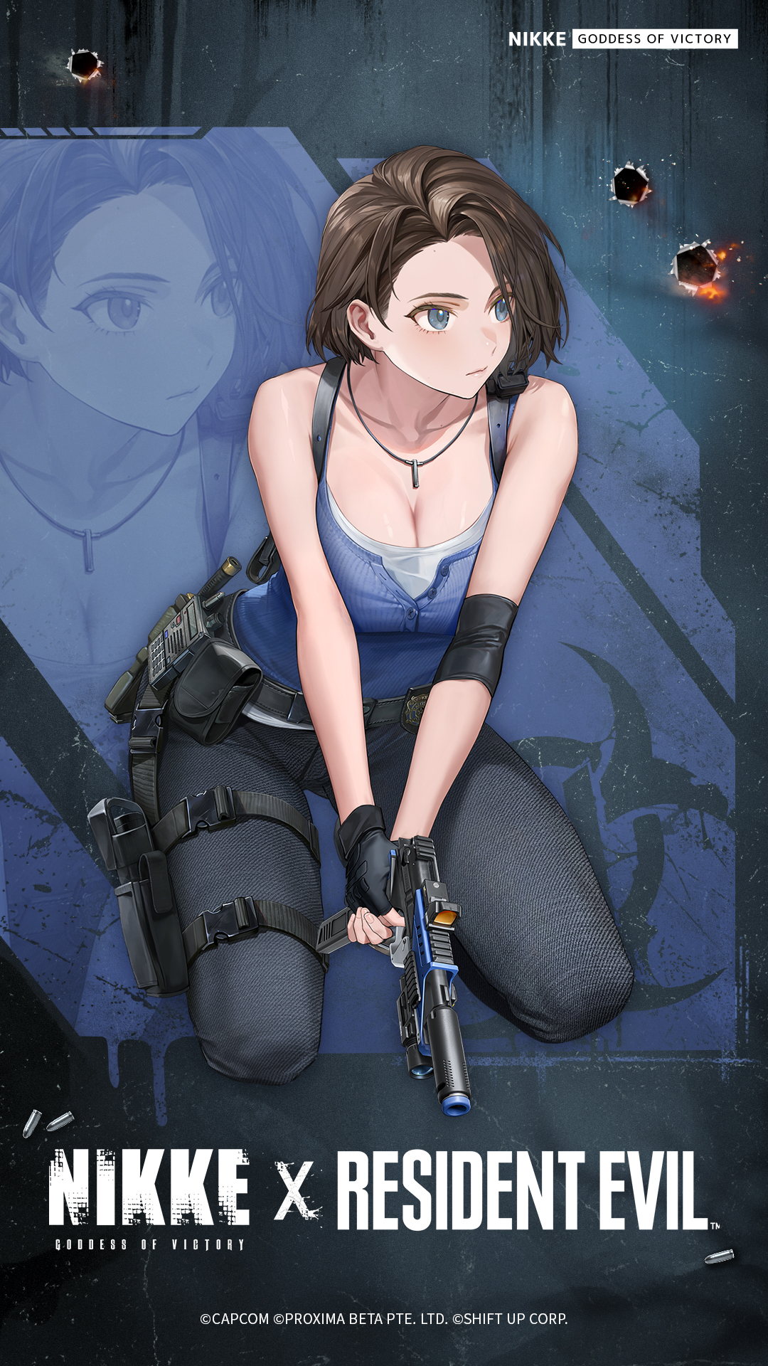 jill valentine, goddess of victory: nikke, resident evil, commentary, english commentary, highres, official art, 1girl, belt, black belt, black gloves, black pants, blue shirt, breasts, brown hair, cleavage, closed mouth, copyright name, covered navel, fingerless gloves, forehead, full body, gloves, gun, holding, holding gun, holding weapon, jewelry, kneeling, large breasts, looking to the side, necklace, pants, pouch, shirt, short hair, sleeveless, sleeveless shirt, solo, squatting, thigh pouch, thigh strap, weapon, zoom layer