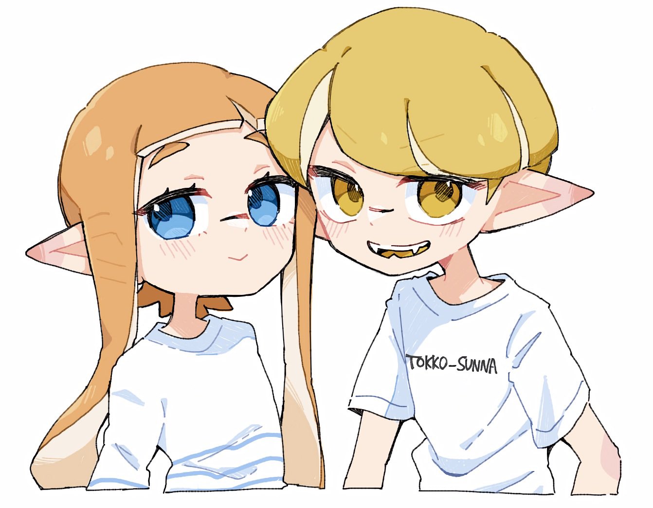aheruk, inkling boy, inkling girl, inkling player character, nintendo, splatoon (series), splatoon 3, commentary request, 1boy, 1girl, blonde hair, blue eyes, closed mouth, inkling, long hair, looking at viewer, open mouth, orange hair, pointy ears, print shirt, shirt, short hair, simple background, smile, standing, t-shirt, tentacle hair, upper body, white background, white shirt, yellow eyes