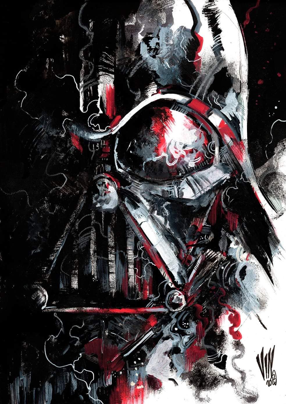 vinartwork, darth vader, star wars, highres, mixed media, 1boy, armor, artist name, black armor, black background, black helmet, dark background, helmet, jedi, male focus, mask, may the 4th, portrait, science fiction, signature, sith, sketch