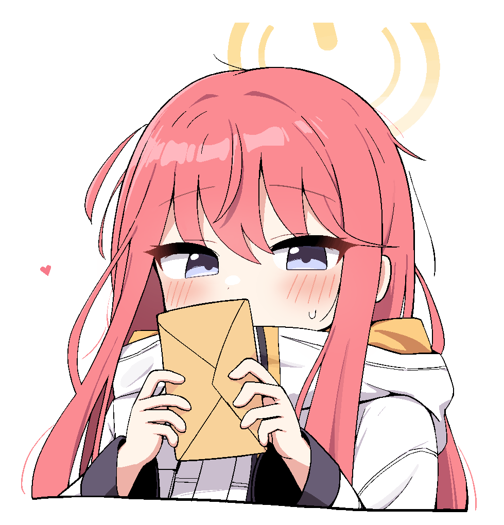tagyeokgam, yuzu (blue archive), blue archive, 1girl, alternate hairstyle, blush, covered mouth, cropped torso, envelope, halo, heart, holding, holding envelope, jacket, long hair, long sleeves, looking at viewer, purple eyes, red hair, simple background, solo, upper body, white background, white jacket, yellow halo