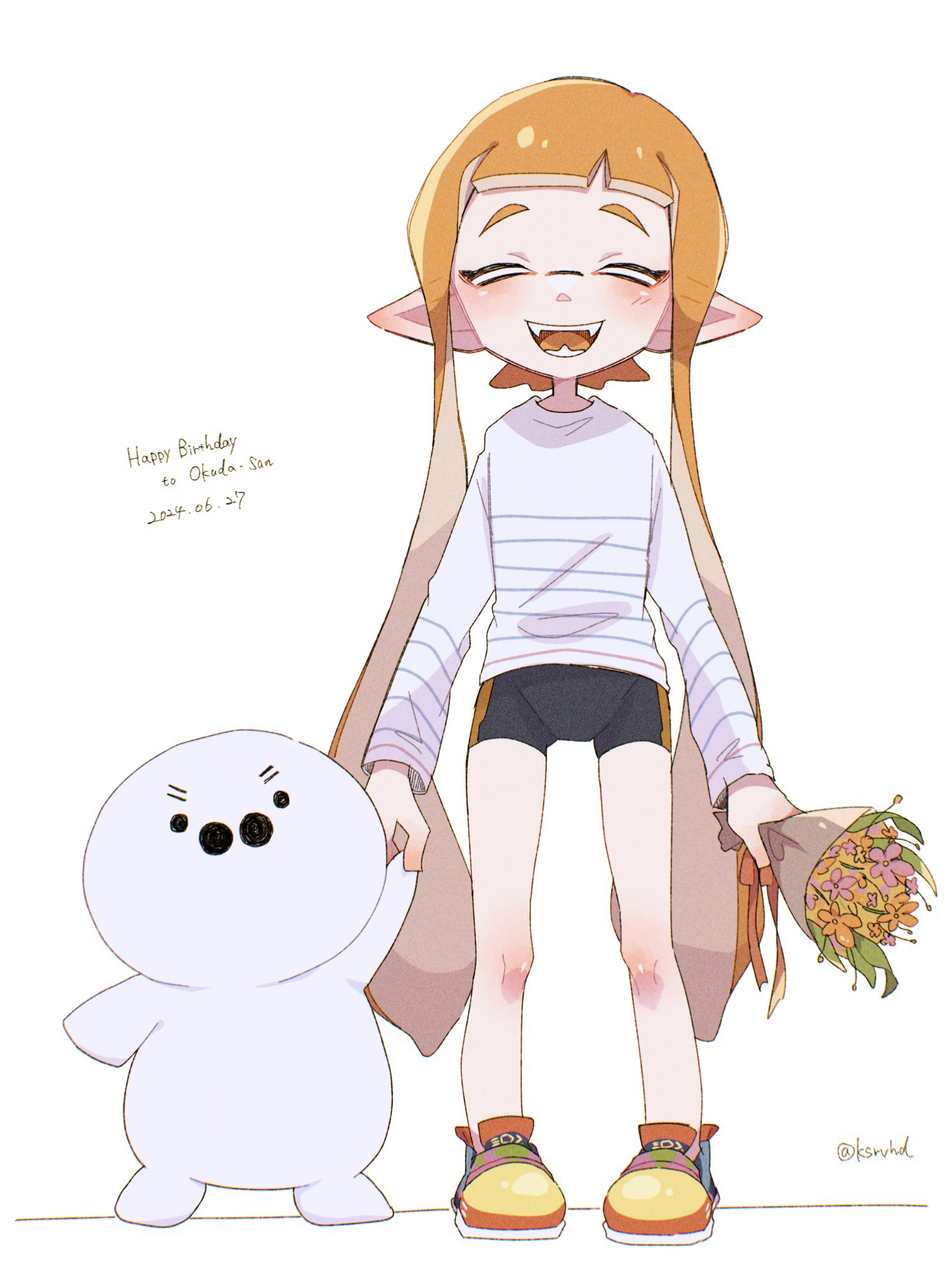 aheruk, inkling girl, inkling player character, nintendo, splatoon (series), splatoon 3, character request, commentary, copyright request, highres, symbol-only commentary, 1girl, ^ ^, bike shorts, black shorts, bouquet, closed eyes, dated, flower, full body, happy birthday, holding, holding bouquet, inkling, long hair, long sleeves, open mouth, orange hair, pointy ears, print shirt, shirt, shoes, shorts, smile, standing, teeth, tentacle hair, very long hair, white background, white shirt