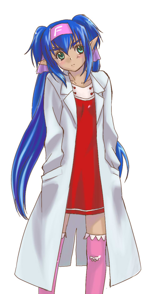 klan klein, macross, macross frontier, 00s, blue hair, green eyes, lab coat, long hair, pointy ears, solo, thighhighs, very long hair, zettai ryouiki