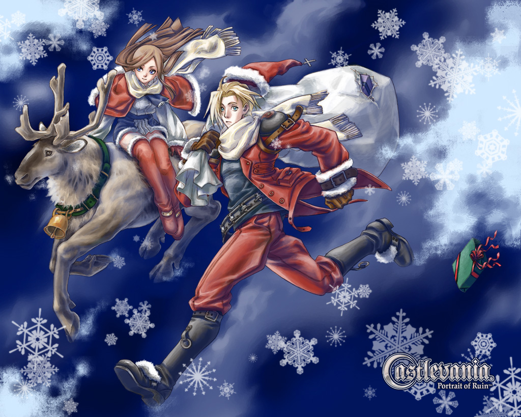 ichiji shiki, charlotte aulin, jonathan morris, castlevania: portrait of ruin, castlevania (series), fur, red legwear, official art, ascot, bag, bell, belt, blonde hair, blue eyes, boots, brown hair, capelet, christmas, collar, gift, gloves, green eyes, hat, jacket, knee boots, long hair, neck bell, night, reindeer, riding, running, sack, santa costume, santa hat, scarf, short hair, sitting, skirt, smile, snow, snowflakes, strap, thighhighs, zettai ryouiki
