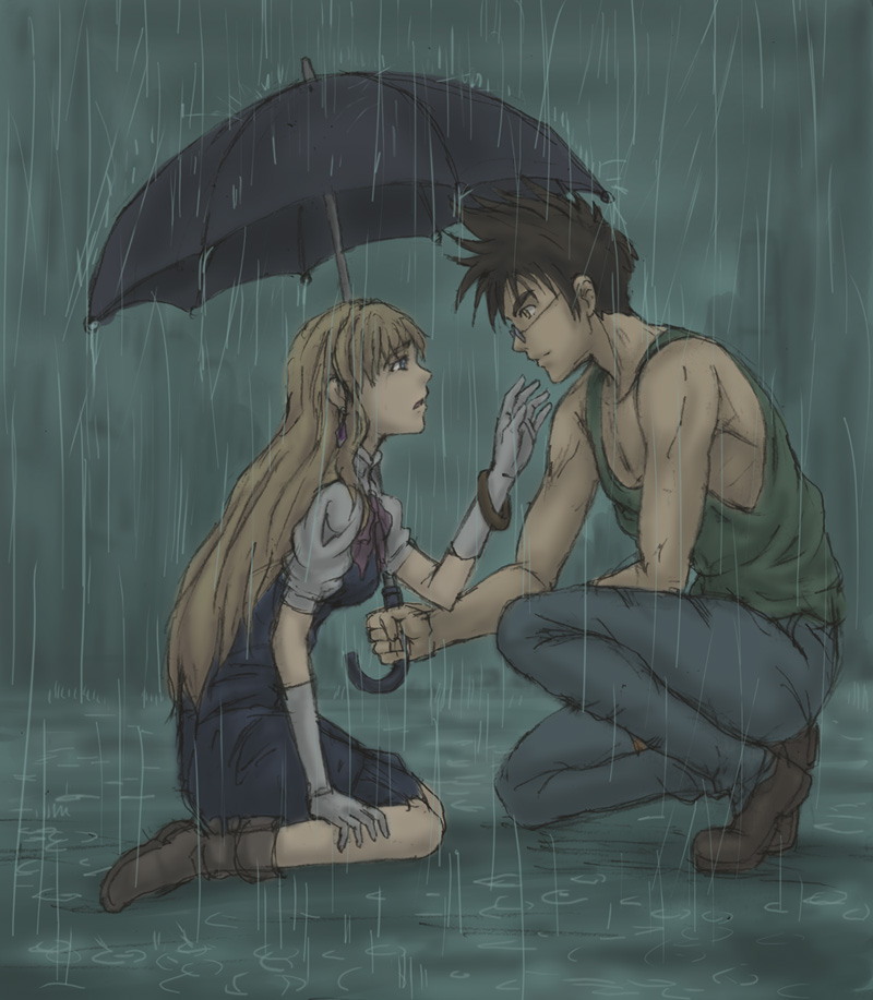 hirasawa meio, nekki basara, sheryl nome, macross, macross 7, macross frontier, 00s, 1990s (style), 1boy, 1girl, blonde hair, blue eyes, boots, brown hair, crossover, epic, glasses, gloves, good end, holding, holding umbrella, kneeling, long hair, profile, rain, retro artstyle, spiked hair, umbrella, yellow eyes