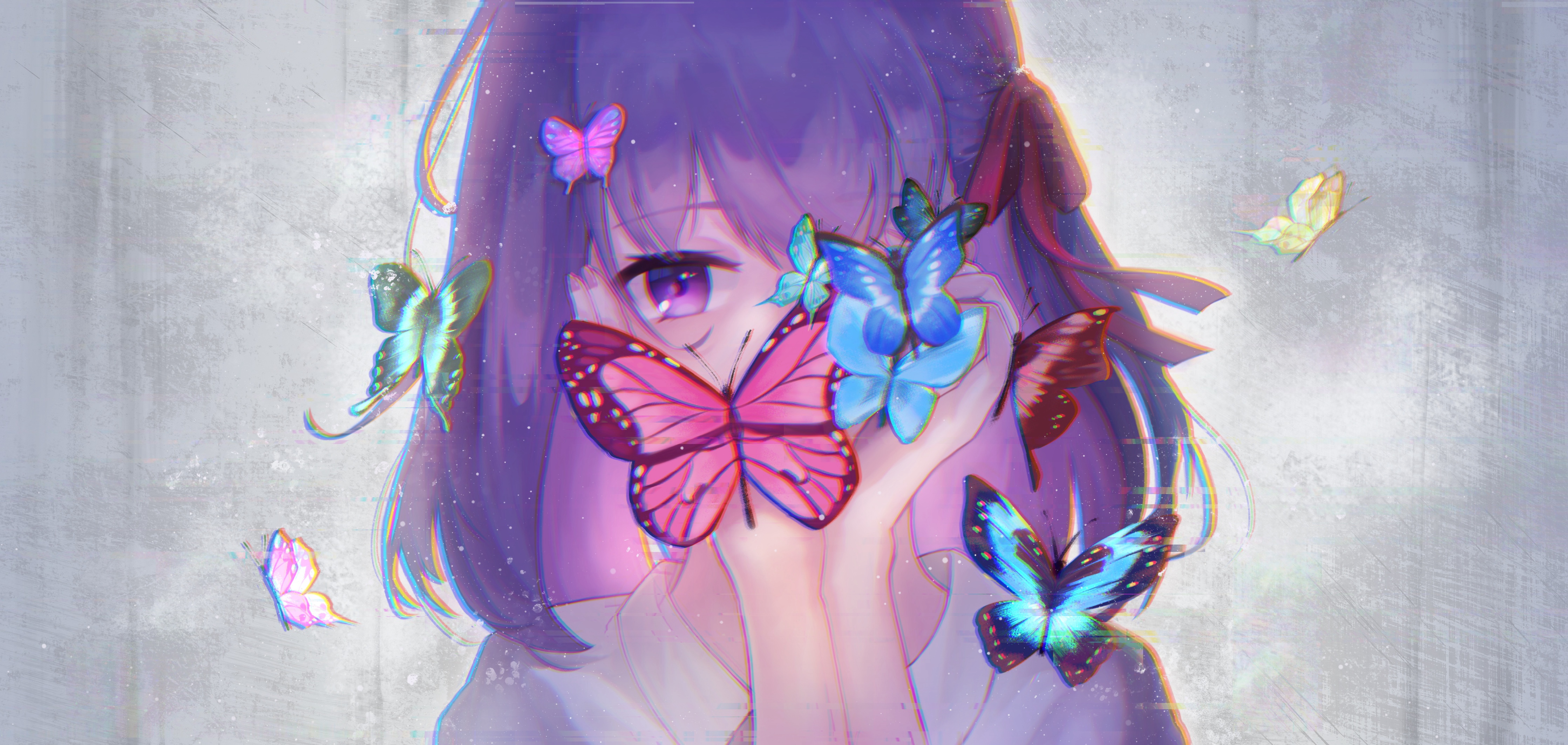 nekocat, matou sakura, fate/stay night, fate (series), absurdres, highres, 1girl, animal, bug, butterfly, hair ribbon, insect, long hair, looking at viewer, one eye covered, purple eyes, purple hair, red ribbon, ribbon, solo, straight-on, white background