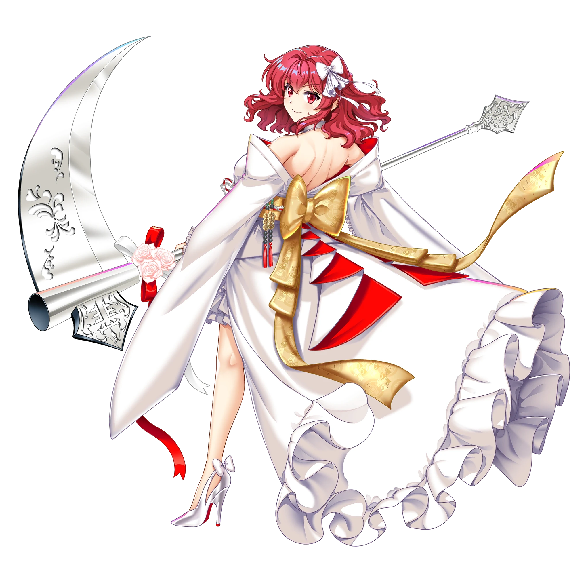 rotte (1109), onozuka komachi, onozuka komachi (bold white boat rower), touhou, touhou lostword, game cg, highres, non-web source, official art, 1girl, alternate costume, back, back bow, bow, choker, curtains, dress, flower, from behind, hair bow, high heels, holding, holding scythe, long hair, looking at viewer, looking back, pink flower, pink rose, red eyes, red hair, rose, scythe, simple background, solo, sparkle, tachi-e, transparent background, wedding dress, white bow, white choker, white dress, yellow bow