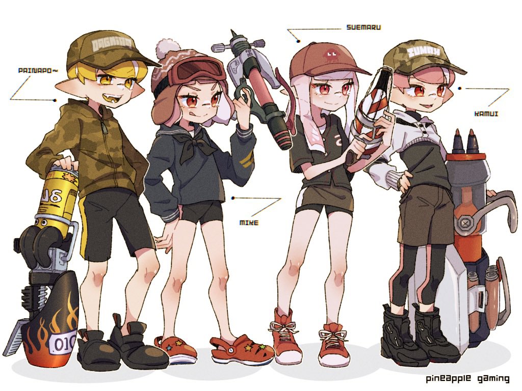 aheruk, inkling boy, inkling girl, inkling player character, nintendo, splatoon (series), splatoon 3, commentary request, 2boys, 2girls, :q, baseball cap, beanie, bike shorts, black leggings, black neckerchief, black shirt, black shoes, black shorts, blue shirt, brown hat, camouflage, camouflage hat, camouflage jacket, goggles, goggles on head, green jacket, hand on own hip, hat, heavy edit splatling (splatoon), inkling, jacket, leggings, leggings under shorts, long hair, looking ahead, medium hair, multiple boys, multiple girls, neckerchief, open mouth, pink hair, pointy ears, print hat, range blaster (splatoon), red eyes, red shoes, sailor collar, sailor shirt, shirt, shoes, short hair, shorts, ski goggles, smile, splash-o-matic (splatoon), squeezer (splatoon), standing, tentacle hair, tongue, tongue out, weapon, white background, zipper, zipper pull tab