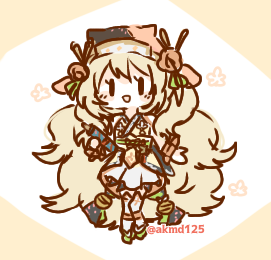 akmd125, celine (fire emblem), celine (ninja) (fire emblem), fire emblem, fire emblem engage, fire emblem heroes, nintendo, lowres, 1girl, :d, bandana, blonde hair, chibi, chibi only, hair ornament, holding, holding scroll, long hair, looking at viewer, open mouth, scroll, skirt, smile, solo, twitter username, very long hair, white skirt