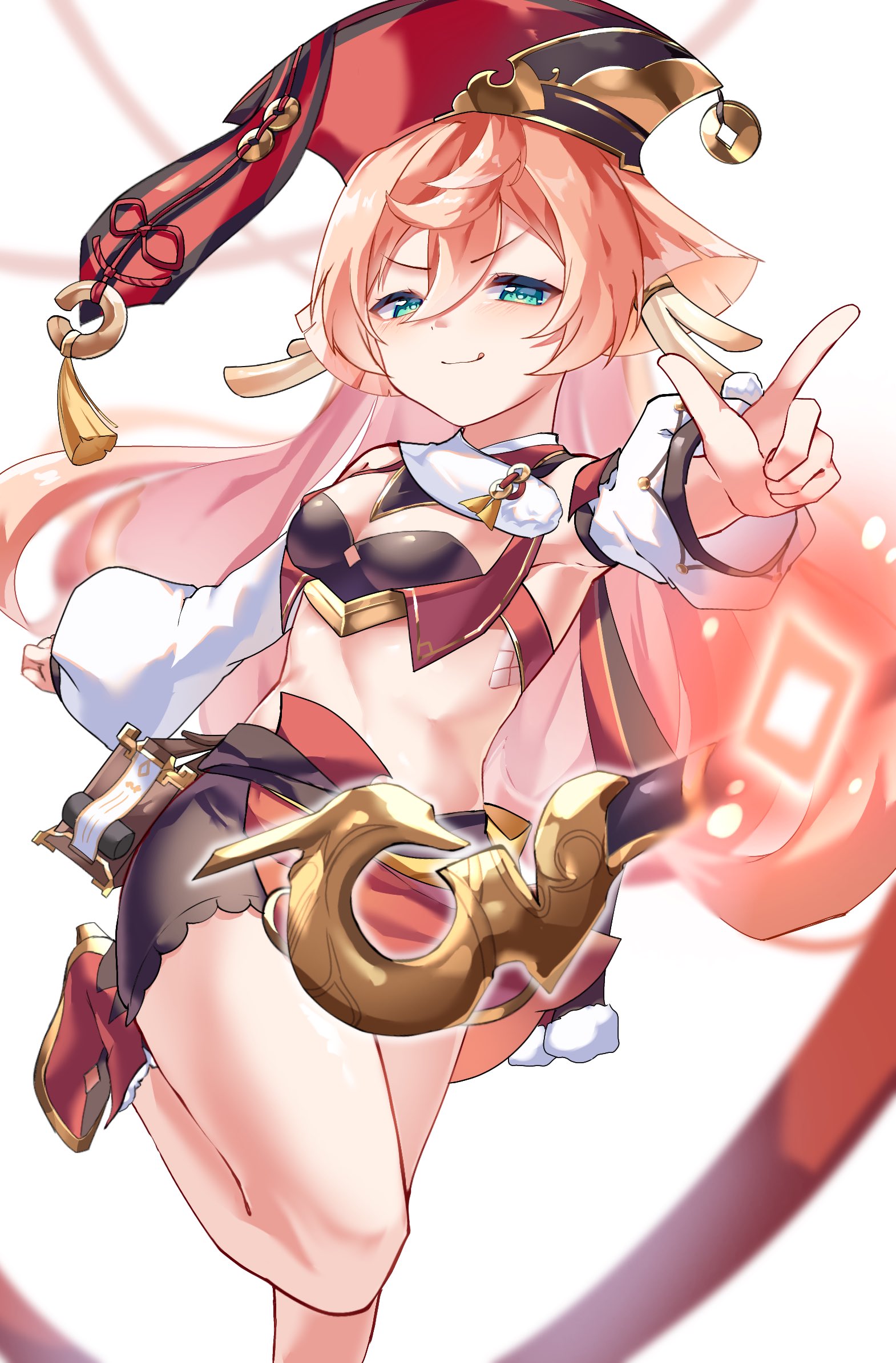 makaroni (makaroni kana), yanfei (genshin impact), genshin impact, commentary request, highres, 1girl, :q, antlers, black shorts, boots, breasts, closed mouth, crop top, detached sleeves, foot out of frame, green eyes, hat, horns, leg up, long hair, looking at viewer, midriff, outstretched arm, pink hair, red boots, red hat, red skirt, short shorts, shorts, shorts under skirt, skirt, small breasts, smile, solo, tongue, tongue out, v-shaped eyebrows, white background, white sleeves, xiezhi guan