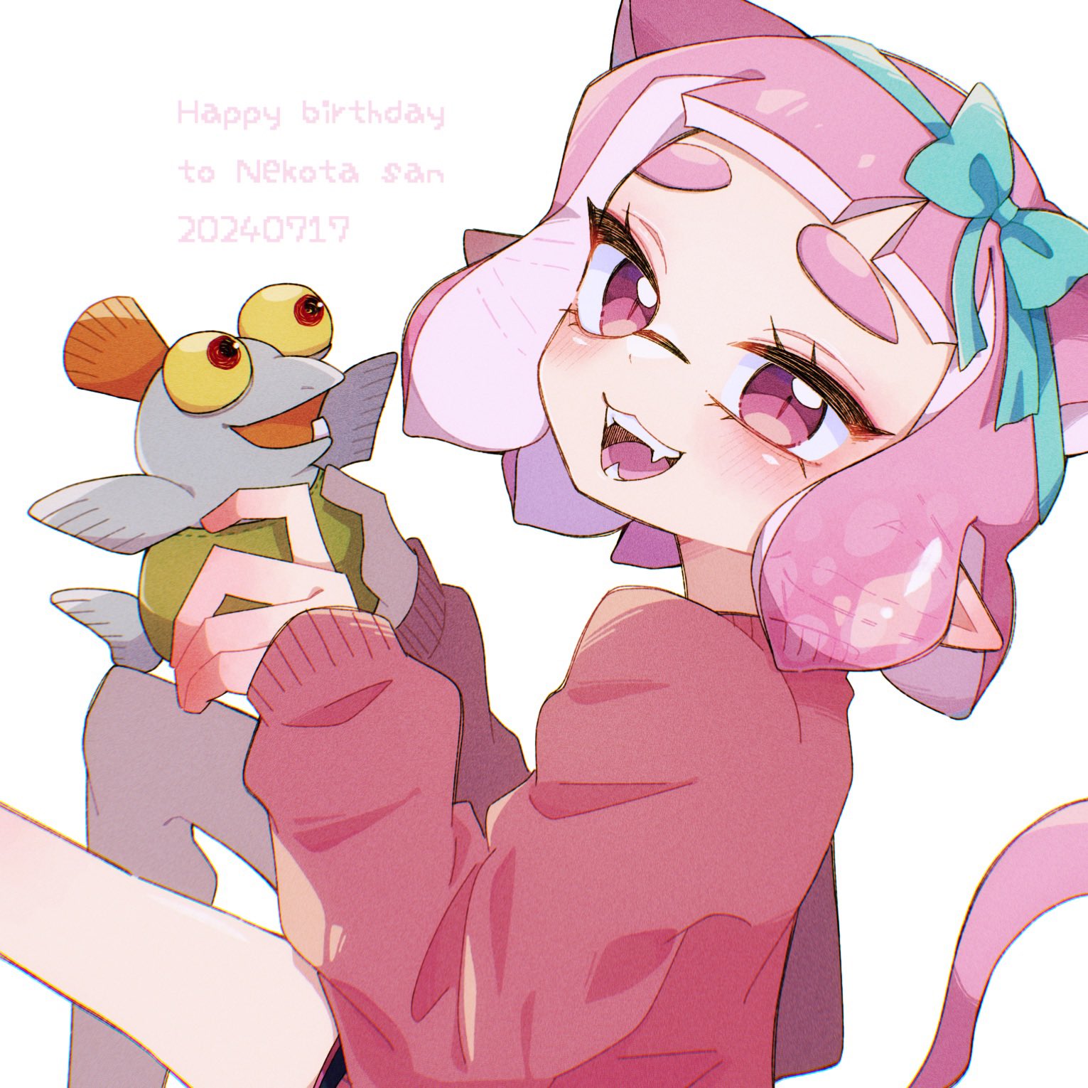aheruk, inkling girl, inkling player character, smallfry (splatoon), nintendo, splatoon (series), splatoon 3, commentary, highres, 1girl, animal ears, blue bow, bow, cat ears, cat girl, cat tail, dated, hair bow, happy birthday, inkling, kemonomimi mode, looking at viewer, medium hair, open mouth, pink eyes, pink hair, red sweater, sitting, sleeves past wrists, slit pupils, smile, solo, sweater, tail, tentacle hair, thick eyebrows, white background