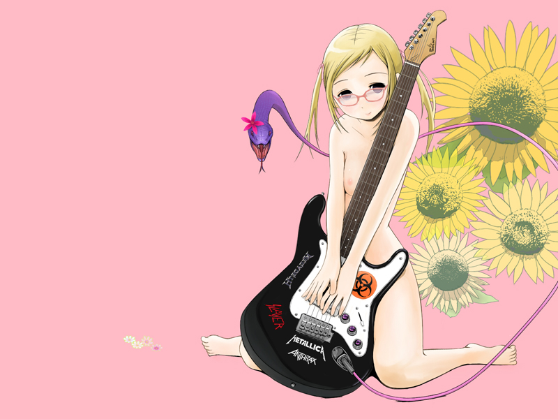penpen (penpen1942), anthrax (band), megadeth, metallica, slayer (band), bad id, bad pixiv id, 1girl, barefoot, biohazard symbol, blonde hair, breasts, cable, electric guitar, feet, female focus, flower, full body, glasses, guitar, holding, instrument, kneeling, light smile, narrow waist, nipples, nude, own hands together, pink-framed eyewear, pink background, pinup (style), simple background, small breasts, smile, snake, solo, sticker, sunflower, swept bangs, twintails, v arms