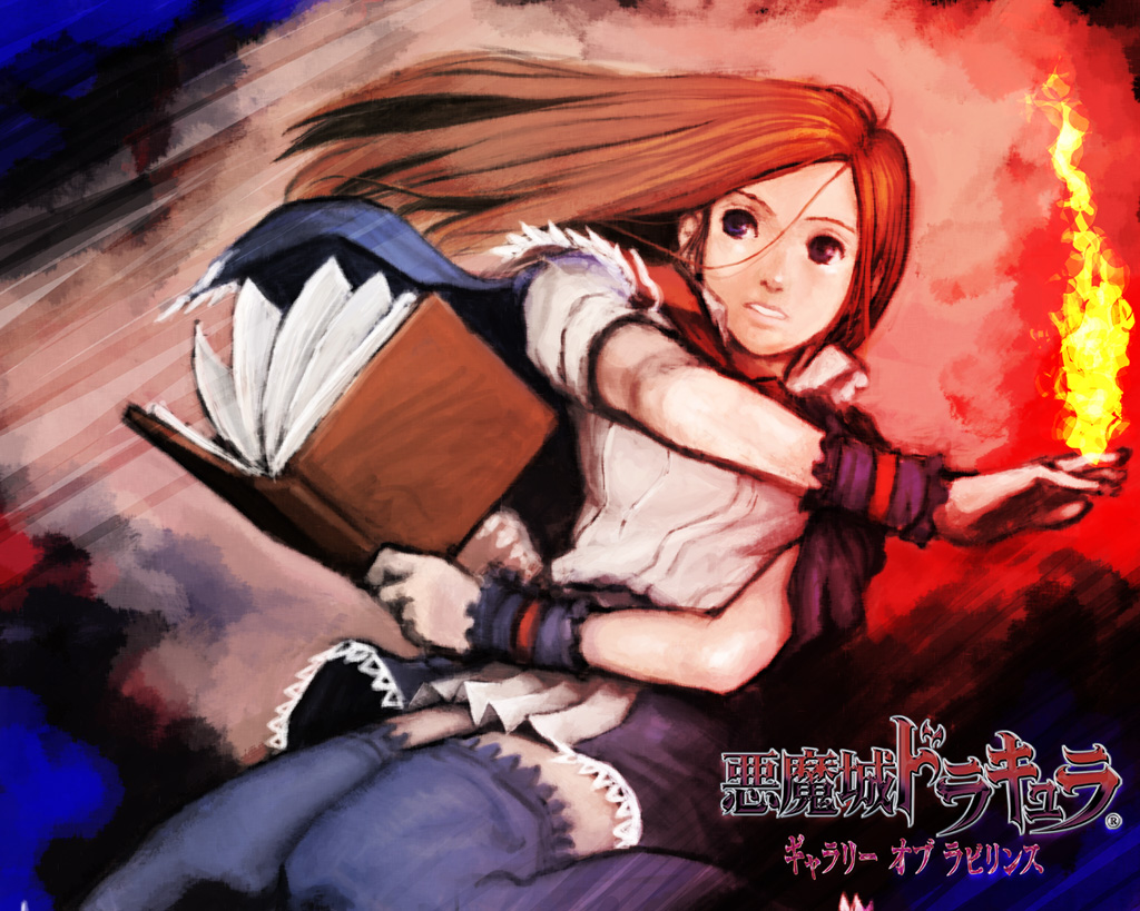 s. higashida, charlotte aulin, castlevania: portrait of ruin, castlevania (series), official art, 1girl, blue eyes, blue thighhighs, book, brown hair, capelet, element bender, female focus, fighting stance, fire, long hair, magic, pleated skirt, school uniform, serafuku, skirt, solo, thighhighs, zettai ryouiki