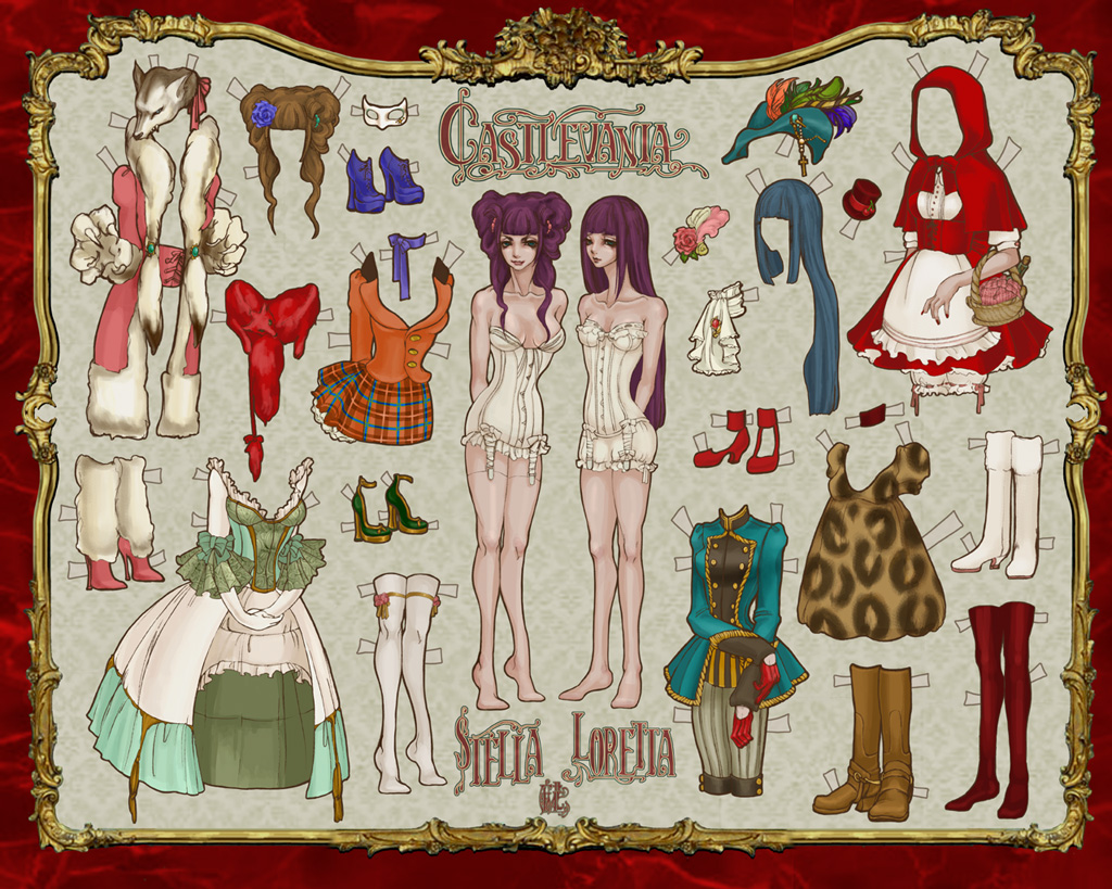 loretta, loretta lecarde, stella lecarde, castlevania: portrait of ruin, castlevania (series), artist request, blue hair, boots, brown hair, domino mask, dress, hat, lingerie, mask, pantyhose, paper doll, purple hair, thighhighs, underwear, vampire
