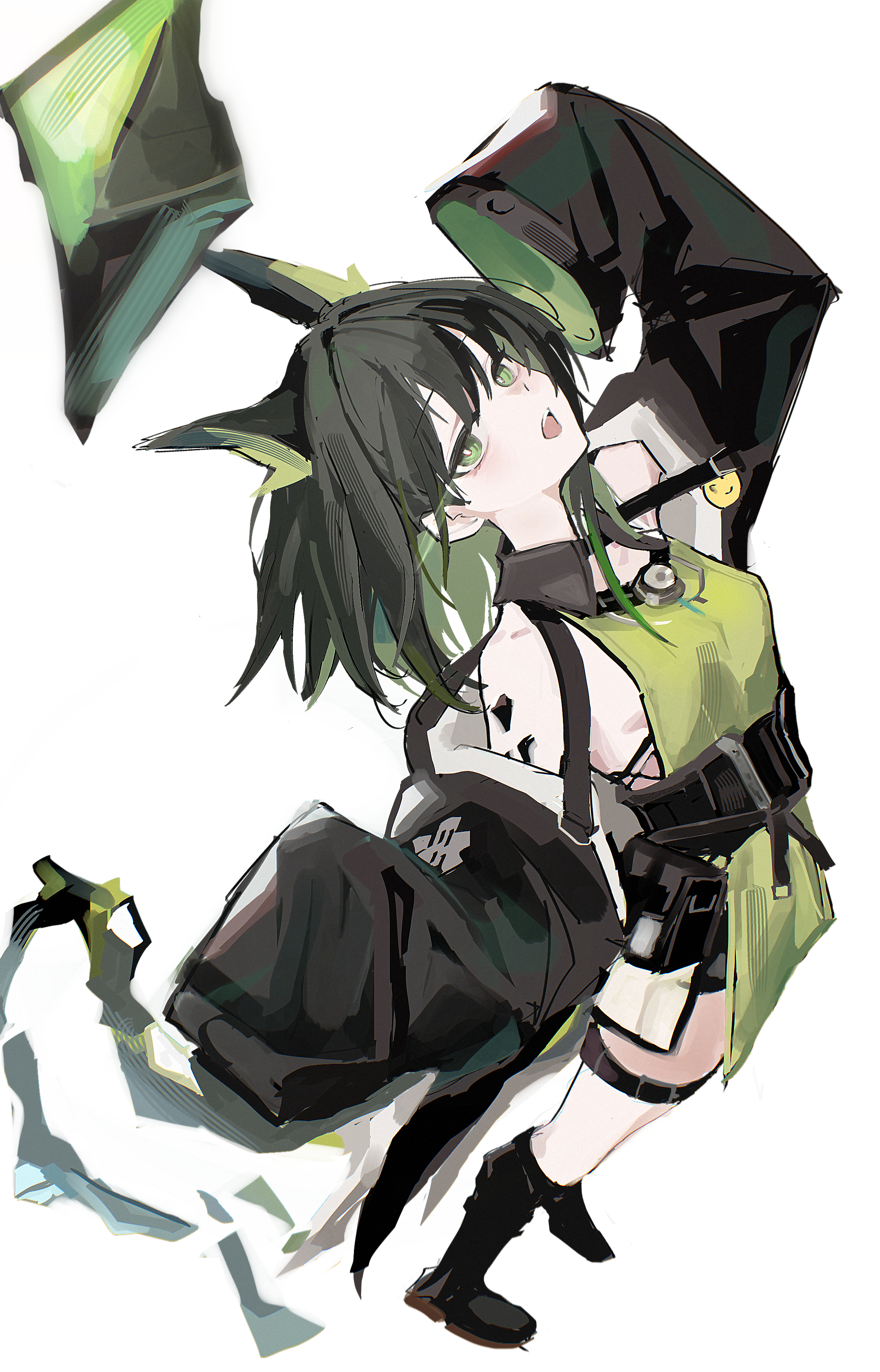 mon3tr (arknights), arknights, absurdres, commentary, highres, 1girl, animal ears, bare shoulders, belt, belt pouch, black boots, black hair, black jacket, black shorts, boots, breasts, colored inner hair, crystal tail, death unagi, dress, from above, full body, green dress, green eyes, green hair, jacket, long sleeves, looking at viewer, material growth, medium hair, multicolored hair, off-shoulder jacket, off shoulder, open clothes, open jacket, open mouth, oripathy lesion (arknights), pouch, shorts, shorts under dress, sidelocks, simple background, sleeves past fingers, sleeves past wrists, small breasts, solo, star of life, stethoscope, stethoscope around neck, tail, teeth, thigh belt, thigh strap, tongue, upper teeth only, white background, wide sleeves