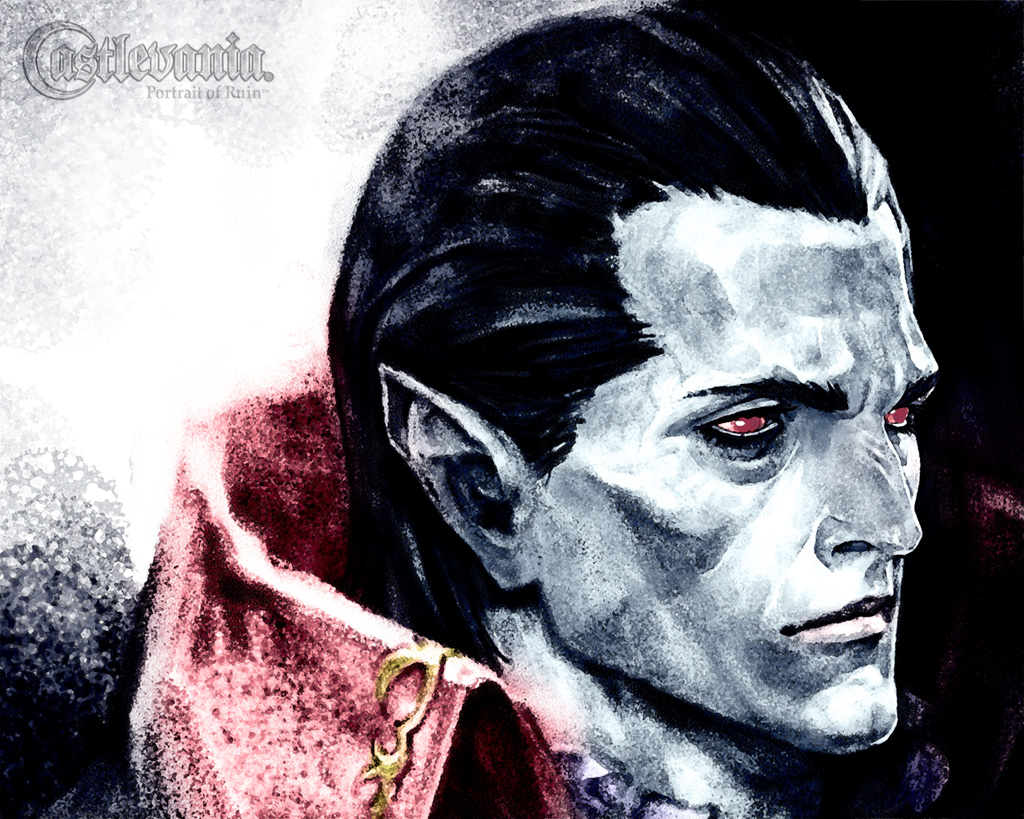 matsukeshi, dracula, dracula (castlevania), castlevania: portrait of ruin, castlevania (series), 1boy, black hair, close-up, colored skin, male focus, pale skin, pointy ears, red eyes, solo, vampire, white skin