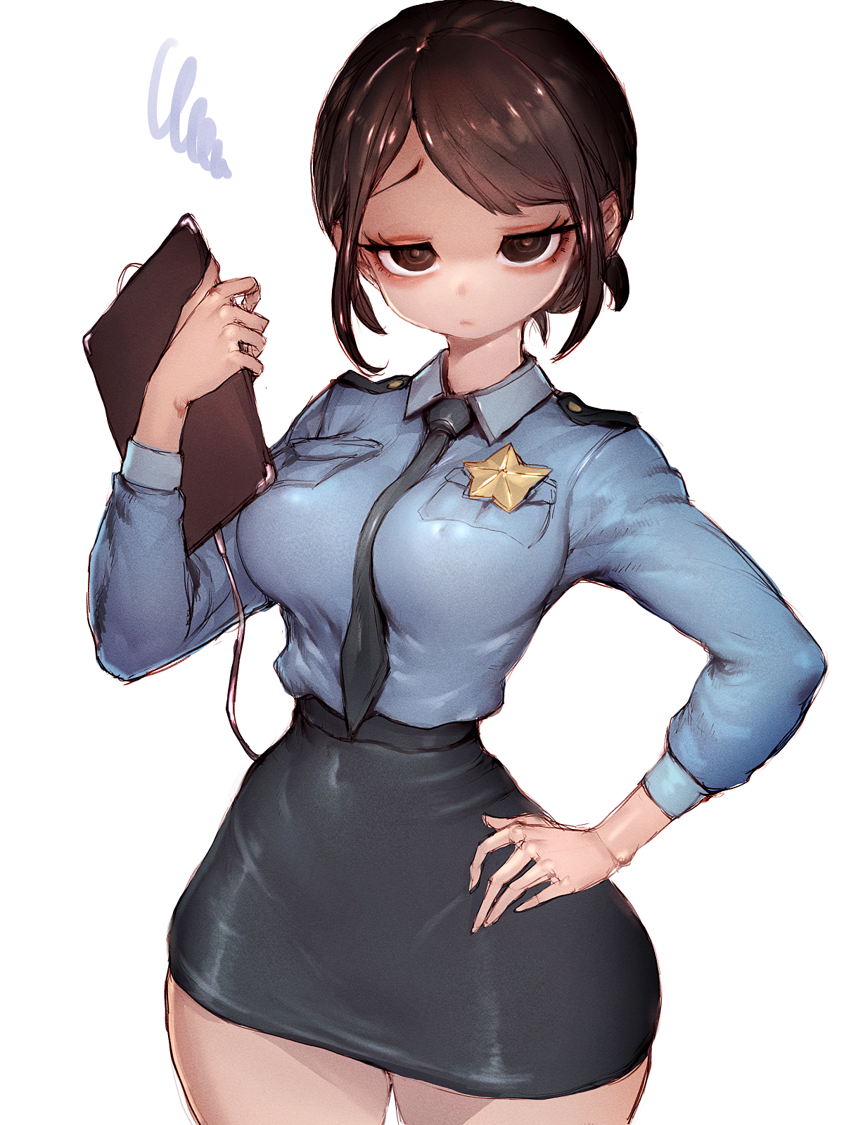 fumio (rsqkr), kanzaki ryouko, milky galactic universe, milky subway, highres, 1girl, black hair, black skirt, blue shirt, breasts, brown hair, clipboard, closed mouth, contrapposto, covered erect nipples, cowboy shot, hand on own hip, holding, holding clipboard, long sleeves, looking at viewer, narrow waist, navel, necktie, police, police badge, police uniform, policewoman, shirt, short hair, simple background, skirt, solo, standing, thick thighs, thighs, white background, wide hips
