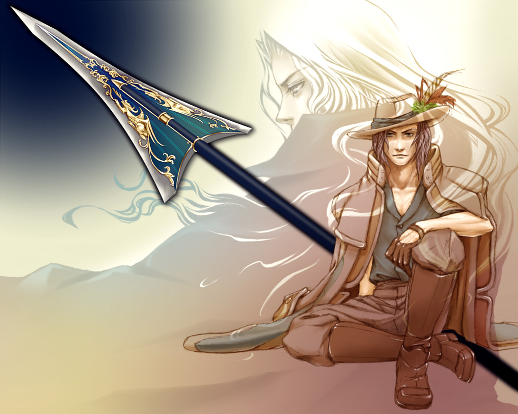 53-tsu, alucard (castlevania), eric lecarde, wind (castlevania), castlevania: bloodlines, castlevania: portrait of ruin, castlevania (series), konami, official art, 2boys, alucard spear, boots, brown hair, cape, coat, dhampir, gloves, grey hair, half-human, hat, knee boots, long hair, male focus, multiple boys, polearm, profile, sitting, spear, trench coat, undead, vampire, weapon, white hair
