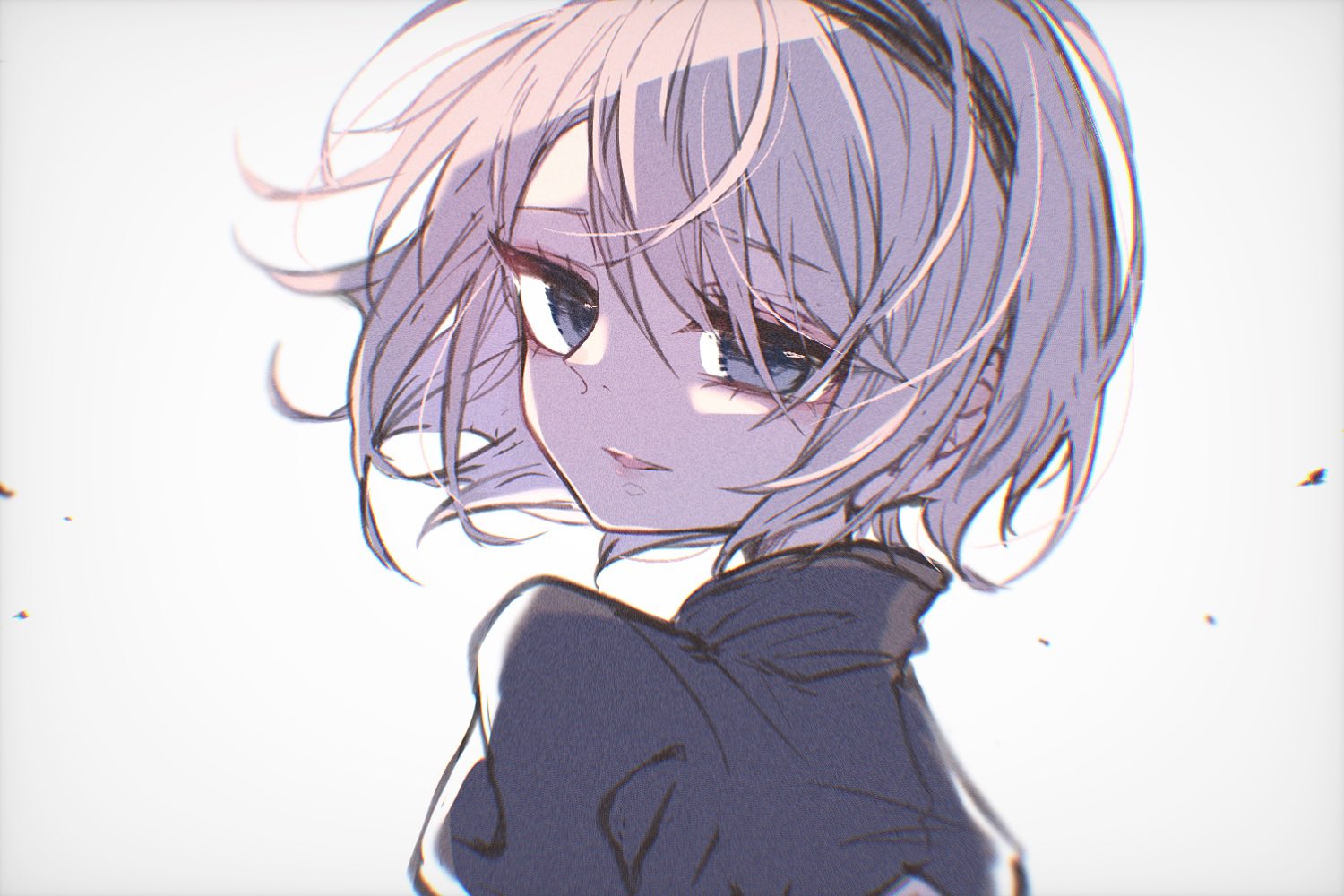 aheruk, 2b (nier:automata), nier:automata, nier (series), commentary request, 1girl, black hairband, eyelashes, grey eyes, hair between eyes, hairband, looking at viewer, loose hair strand, medium hair, open mouth, smile, solo, upper body, white background, white hair