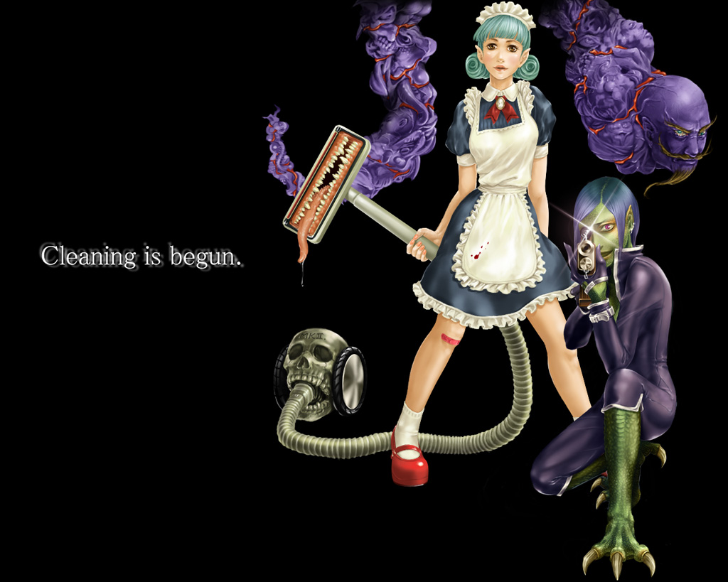 53-tsu, larva (vampire princess miyu), lerajie, persephone, persephone (castlevania), castlevania: portrait of ruin, castlevania (series), official art, 2girls, apron, aqua eyes, aqua hair, bald, bandages, bandaid, beard, blood, blue hair, bodysuit, brooch, brown eyes, brown hair, claws, colored skin, dress, earrings, english text, engrish text, facial hair, frills, genie, gloves, goatee, green skin, gun, hairband, jewelry, kneeling, maid, maid apron, maid headdress, mary janes, monster, monster girl, multiple girls, mustache, purple skin, ranguage, red eyes, saliva, shiny clothes, shoes, short hair, skull, smile, socks, standing, teeth, tongue, vacuum cleaner, weapon
