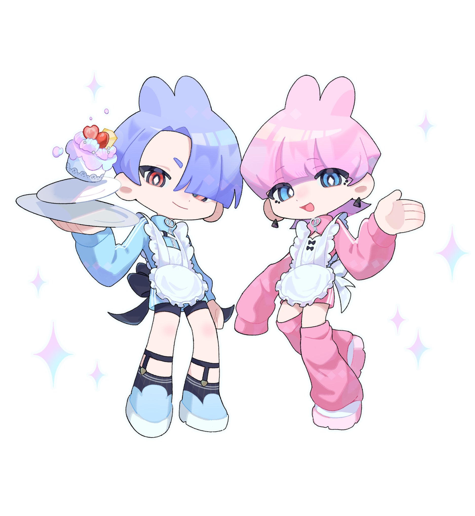 polyester (psg), polyurethane (psg), panty & stocking with garterbelt, commentary request, highres, 2boys, animal ears, apron, arm up, back ribbon, black ribbon, blue eyes, blue shoes, brothers, closed mouth, diamond-shaped pupils, diamond (shape), earrings, food, frilled apron, frills, fruit tart, full body, hair over one eye, holding, holding plate, jacket, jewelry, kemonomimi mode, leg warmers, long sleeves, male focus, multiple boys, one eye covered, open mouth, piercing, pink leg warmers, plate, rabbit boy, rabbit ears, red eyes, ribbon, shoes, siblings, smile, sparkle, symbol-shaped pupils, tart (food), toni to2to, white apron, white background