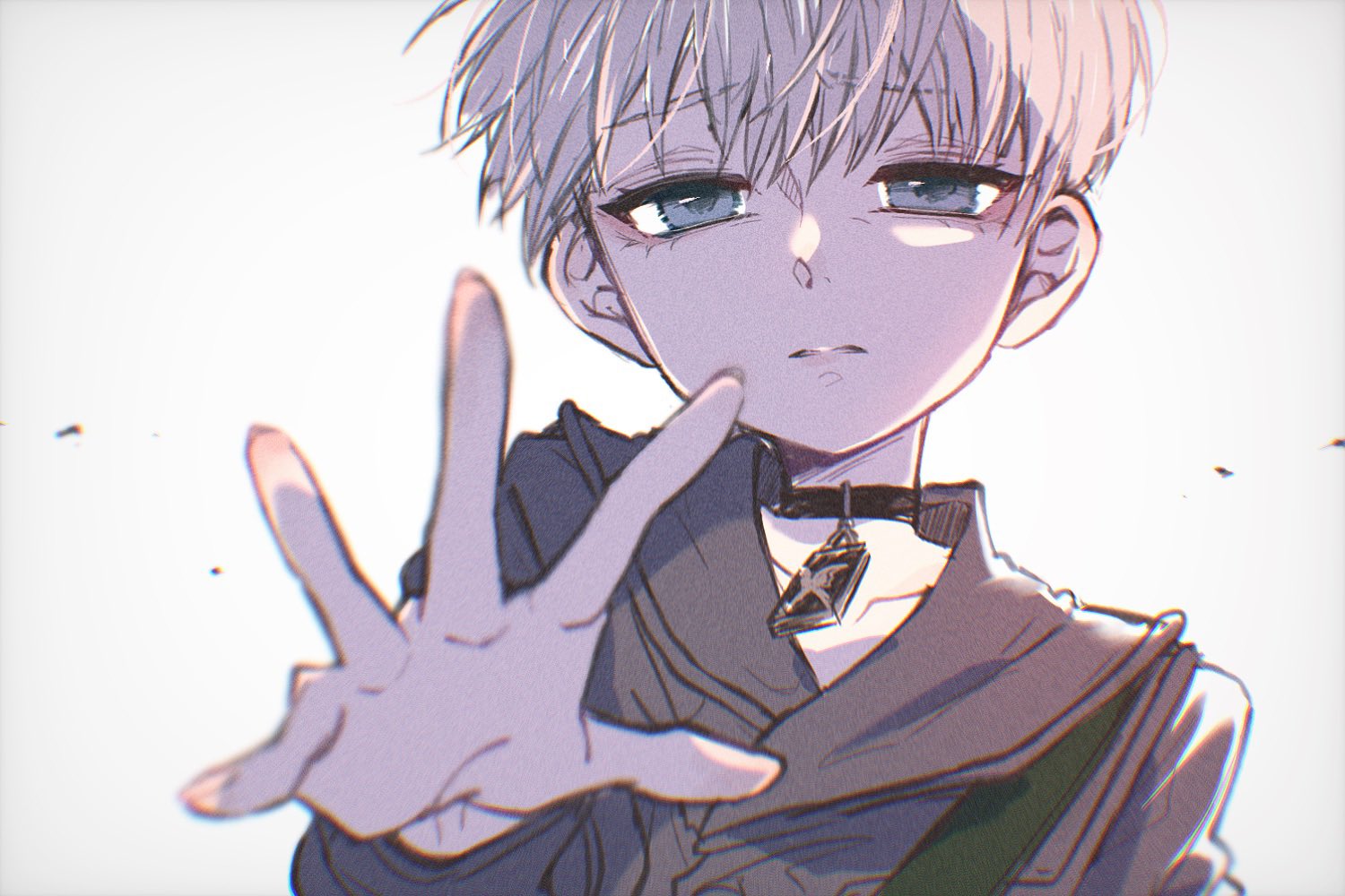 aheruk, 9s (nier:automata), nier:automata, nier (series), commentary request, 1boy, black choker, black jacket, choker, grey eyes, jacket, loose hair strand, male focus, reaching, reaching towards viewer, short hair, solo, upper body, white background, white hair