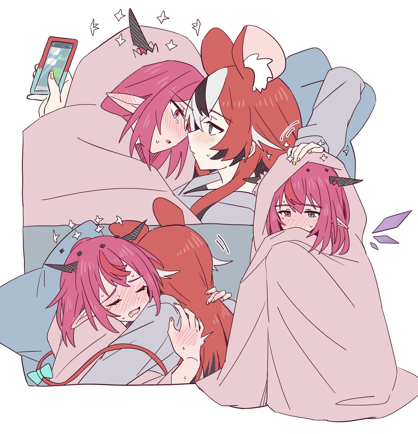 ramphastostella, hakos baelz, irys (hololive), hololive, hololive english, commentary request, highres, 2girls, animal ear fluff, animal ears, black streaks, blanket, blue eyes, blush, cellphone, closed eyes, ear blush, energy wings, eye contact, fang, grey hoodie, halo, hand on another's head, heterochromia, holding, holding phone, hood, hoodie, horns, hug, long hair, looking at another, mouse ears, mouse girl, mouse tail, multiple girls, open mouth, phone, pink eyes, pink hair, pointy ears, red hair, simple background, smartphone, tail, tears, virtual youtuber, white background, white streaks, yellow nails, yuri