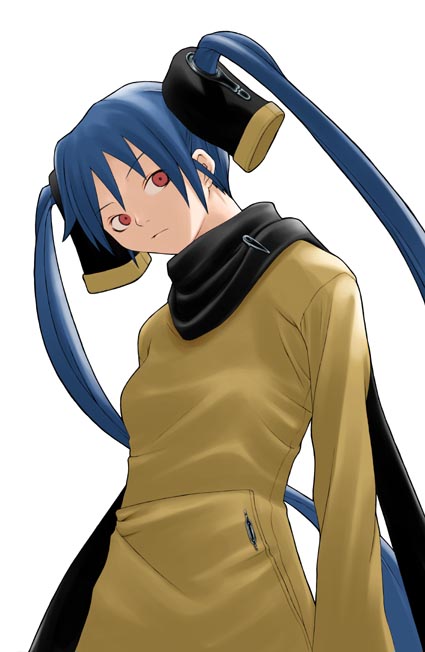 yasuda suzuhito, original, 1girl, blue hair, female focus, red eyes, scarf, solo, twintails