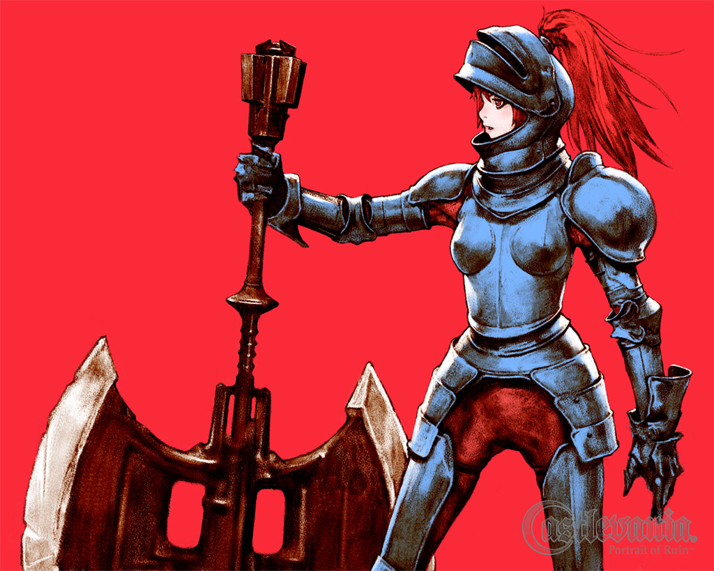 matsukeshi, old axe armor, castlevania: portrait of ruin, castlevania (series), official art, 1girl, armor, axe, double bladed axe, double headed battle axe, female focus, genderswap, gloves, helmet, huge weapon, knight, long hair, monster girl, ponytail, profile, red eyes, red hair, simple background, solo, standing, warrior, weapon