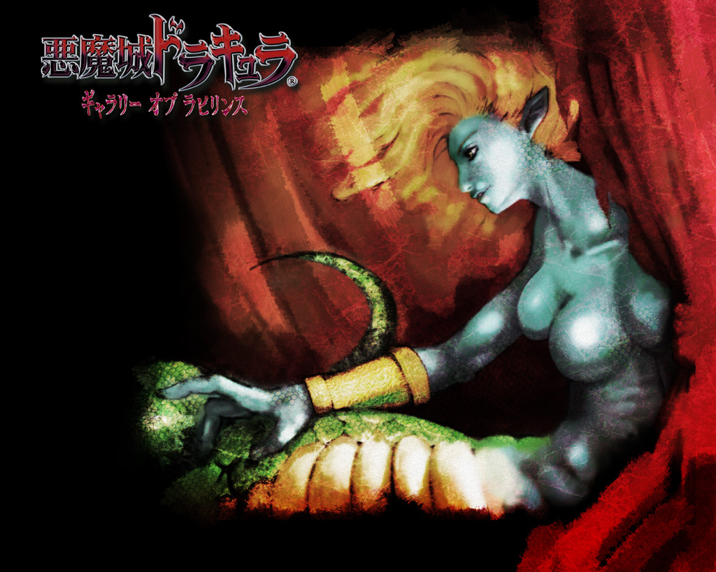 s. higashida, medusa (castlevania), castlevania: portrait of ruin, castlevania (series), official art, 1girl, blonde hair, blue skin, bracer, breasts, colored skin, female focus, lamia, large breasts, monster, monster girl, no nipples, nude, pointy ears, profile, scales, snake hair, snake tail, solo, tail