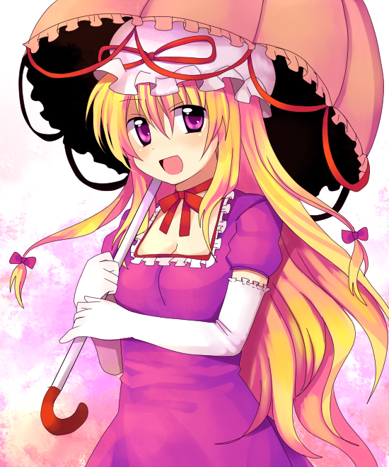 subaru (yachika), yakumo yukari, touhou, 1girl, blonde hair, dress, elbow gloves, female focus, gloves, hat, long hair, mob cap, parasol, purple dress, purple eyes, solo, umbrella, very long hair