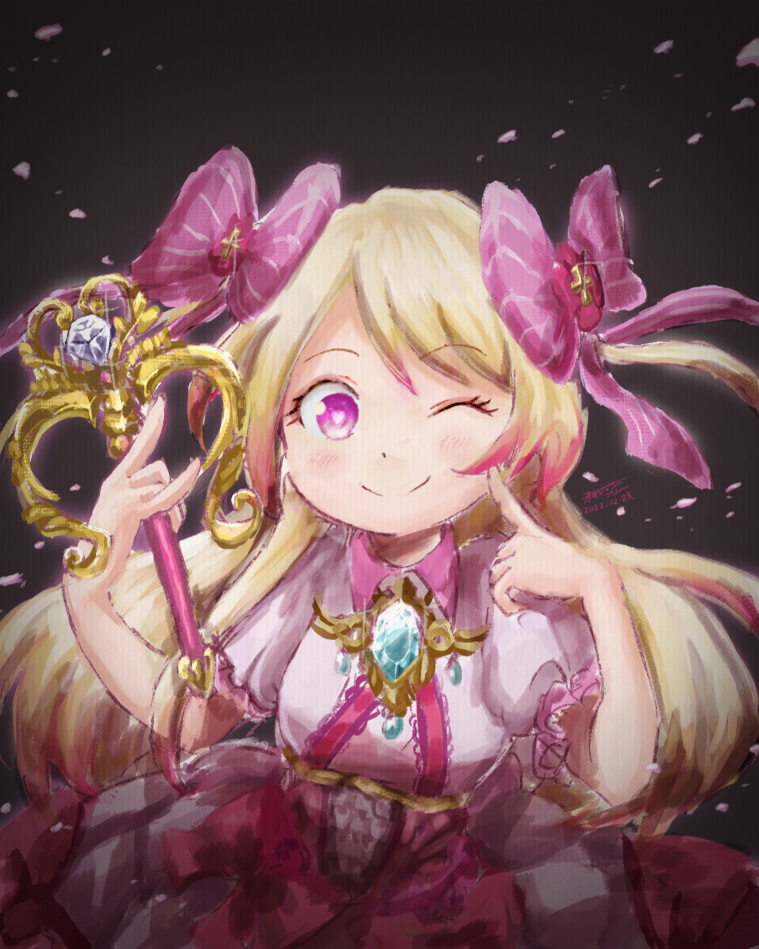 chaos marie (grimms notes), grimms notes, highres, 1girl, ;), breasts, cleavage cutout, closed mouth, clothing cutout, hands up, holding, holding wand, looking at viewer, mcidnpn at, one eye closed, puffy short sleeves, puffy sleeves, short sleeves, smile, solo, wand