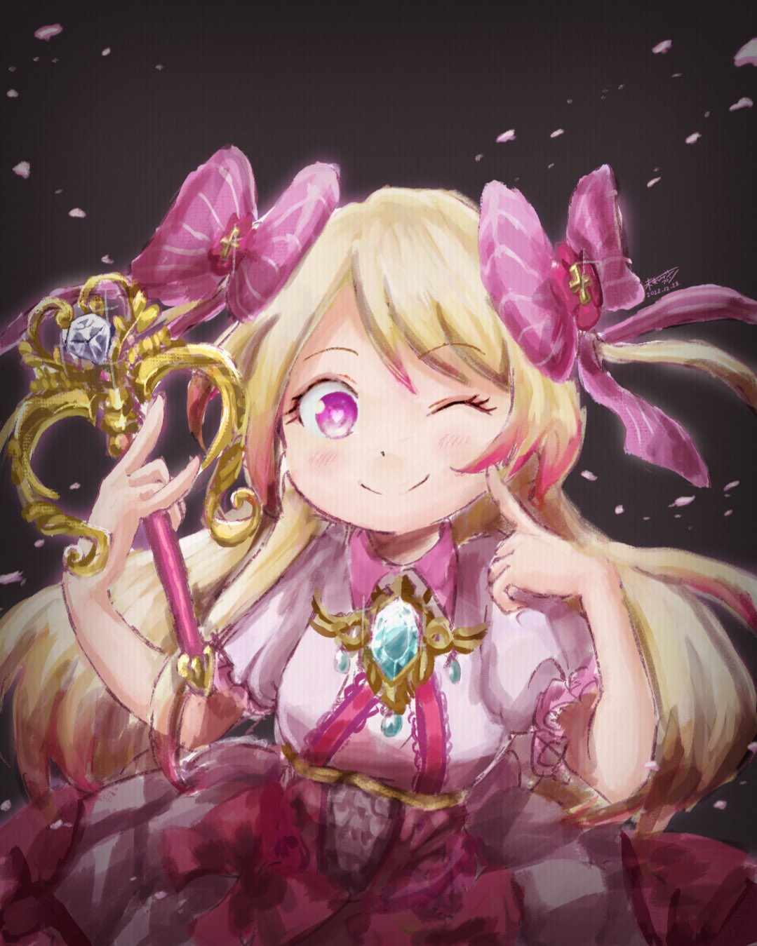 chaos marie (grimms notes), grimms notes, highres, 1girl, ;), breasts, cleavage cutout, closed mouth, clothing cutout, hands up, holding, holding wand, looking at viewer, mcidnpn at, one eye closed, puffy short sleeves, puffy sleeves, short sleeves, smile, solo, wand