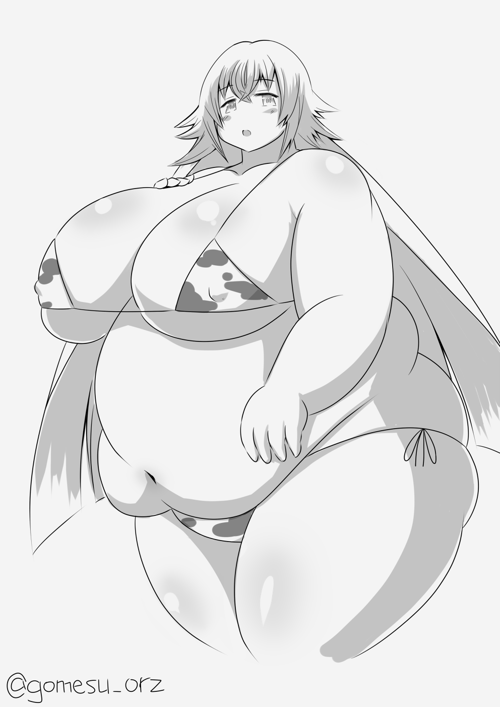 gomesu, magic mirror (grimms notes), grimms notes, highres, animal print, bikini, breasts, cow print, cow print bikini, cowboy shot, fat, gigantic breasts, greyscale, long hair, monochrome, navel, open mouth, print bikini, swimsuit, twitter username, very long hair