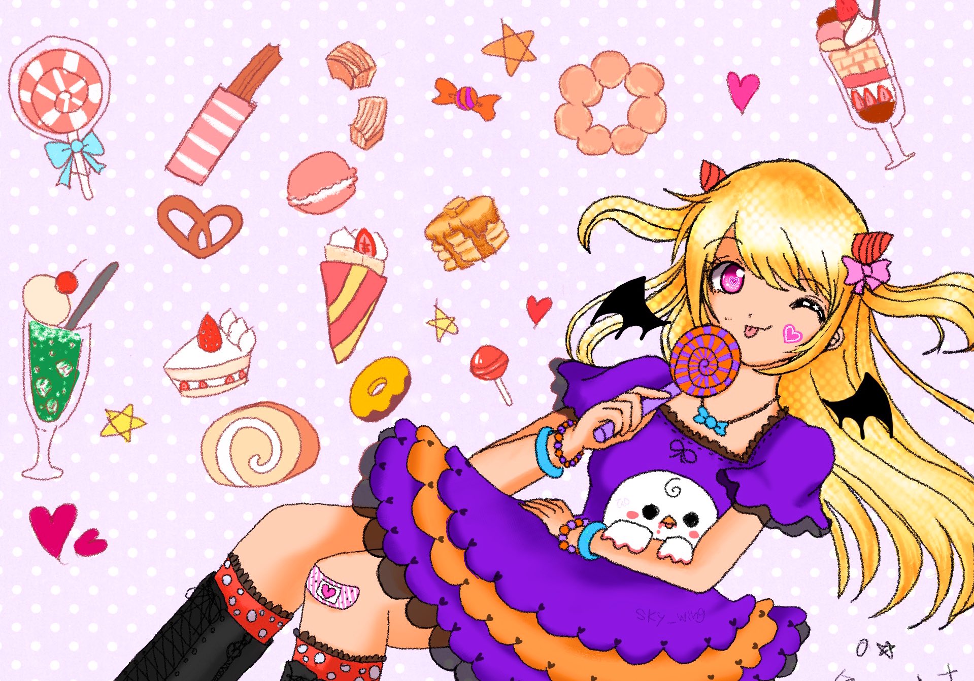 chaos marie (grimms notes), grimms notes, highres, 1girl, alternate costume, closed mouth, dress, food, halloween costume, purple dress, sky wing 08, smile, solo, sweets, tongue, tongue out