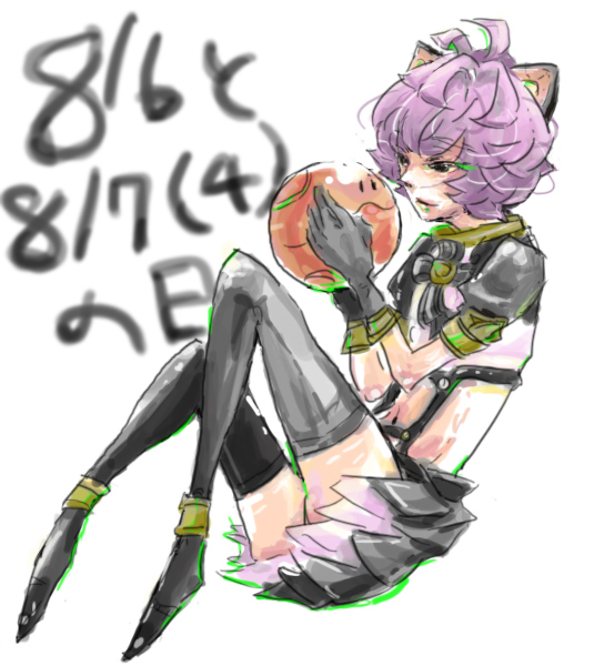 gundam meister 874, hanayo, haro, gundam, gundam 00, gundam 00p, 00s, 1girl, animal ears, cat ears, cat girl, female focus, full body, gloves, miniskirt, purple hair, short hair, skirt, solo, thighhighs, zettai ryouiki